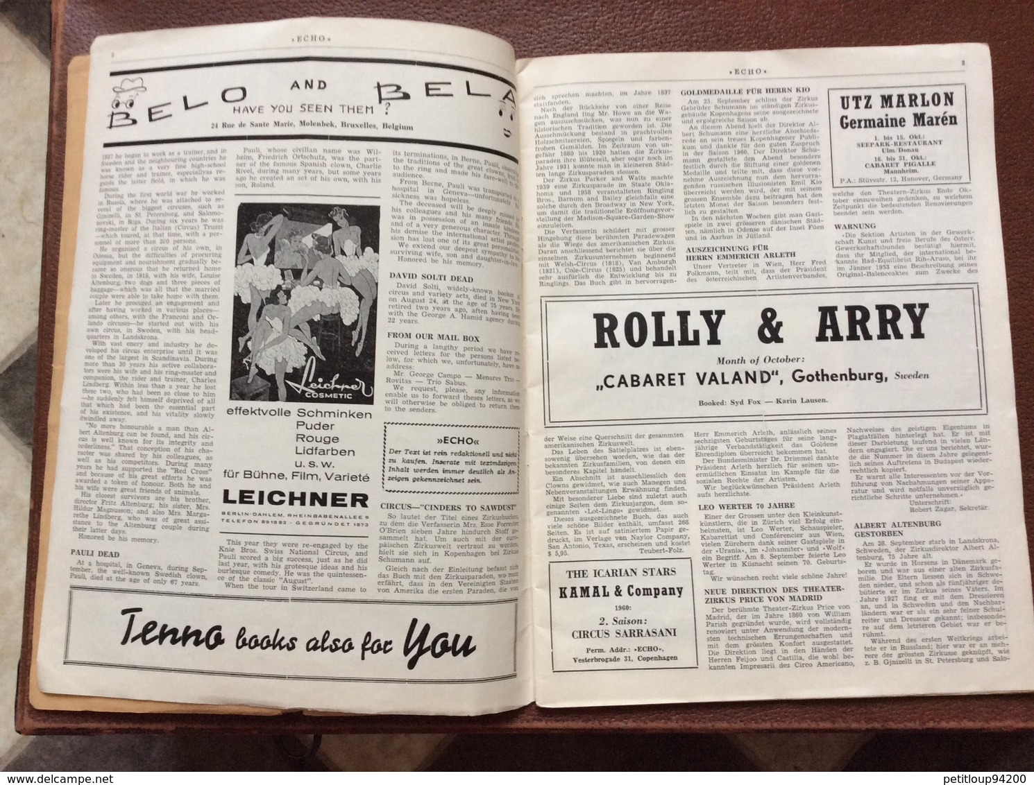 CIRQUE  ÉCHO LTD.  Professional Circus And Variety Journal  No 224  OCTOBER 1960  Les Tonelys  COPENHAGEN  Danmark - Arte