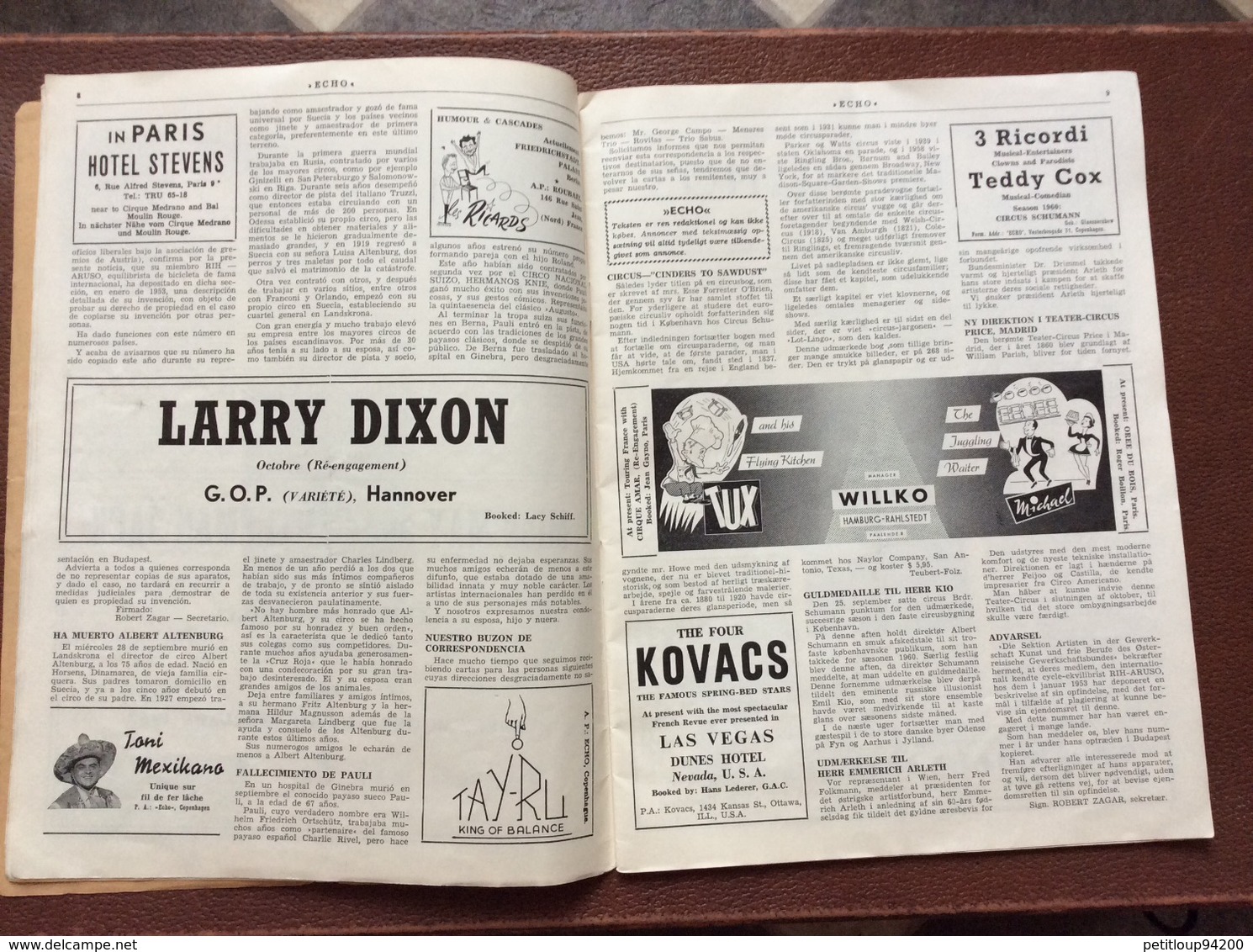 CIRQUE  ÉCHO LTD.  Professional Circus And Variety Journal  No 224  OCTOBER 1960  Les Tonelys  COPENHAGEN  Danmark - Arte