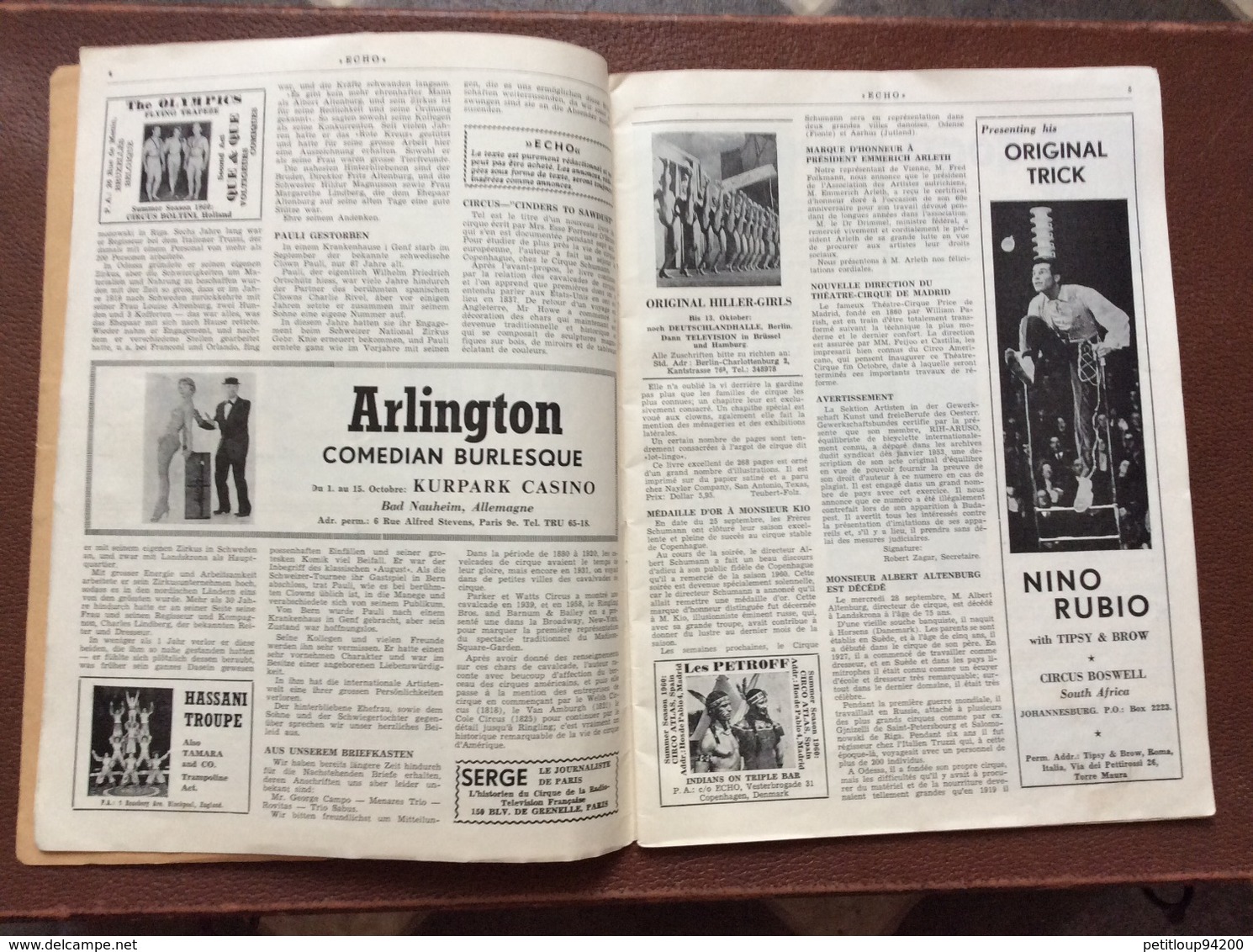 CIRQUE  ÉCHO LTD.  Professional Circus And Variety Journal  No 224  OCTOBER 1960  Les Tonelys  COPENHAGEN  Danmark