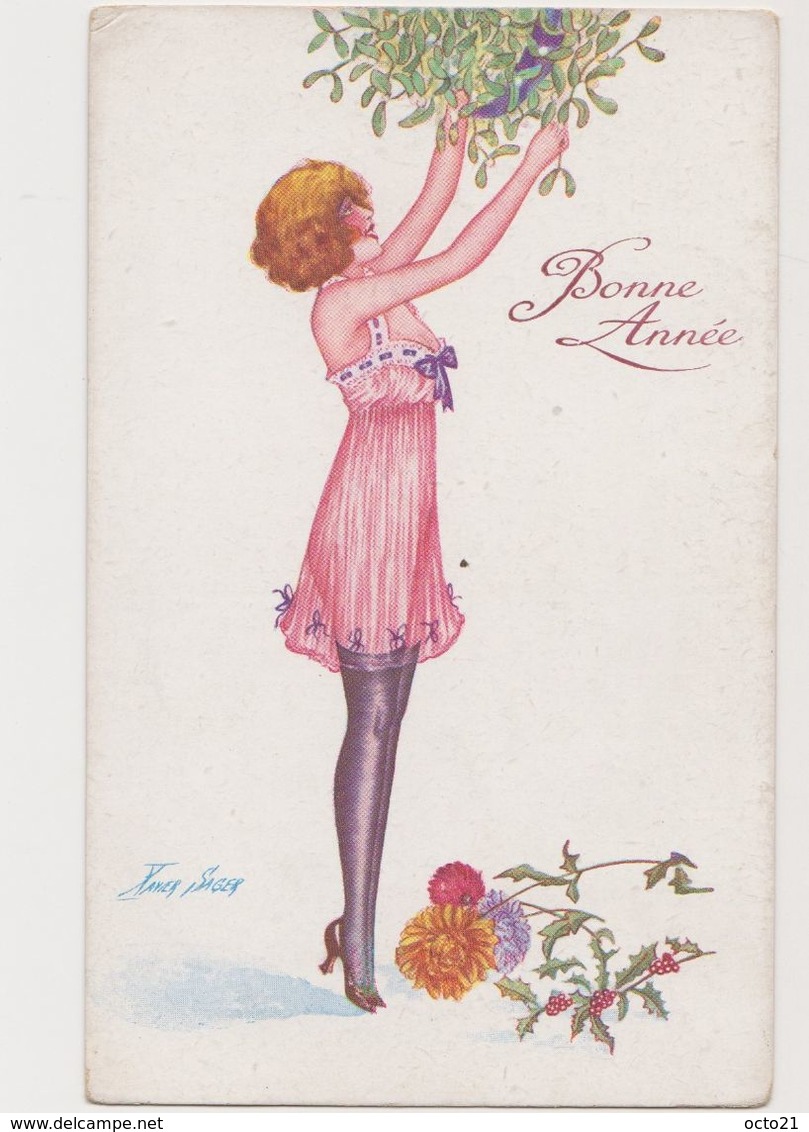 Carte Fantaisie Signée Xavier Sager /Sous Le Gui -Bonne Année - Jeune Femme En Tenue Légère - Sager, Xavier