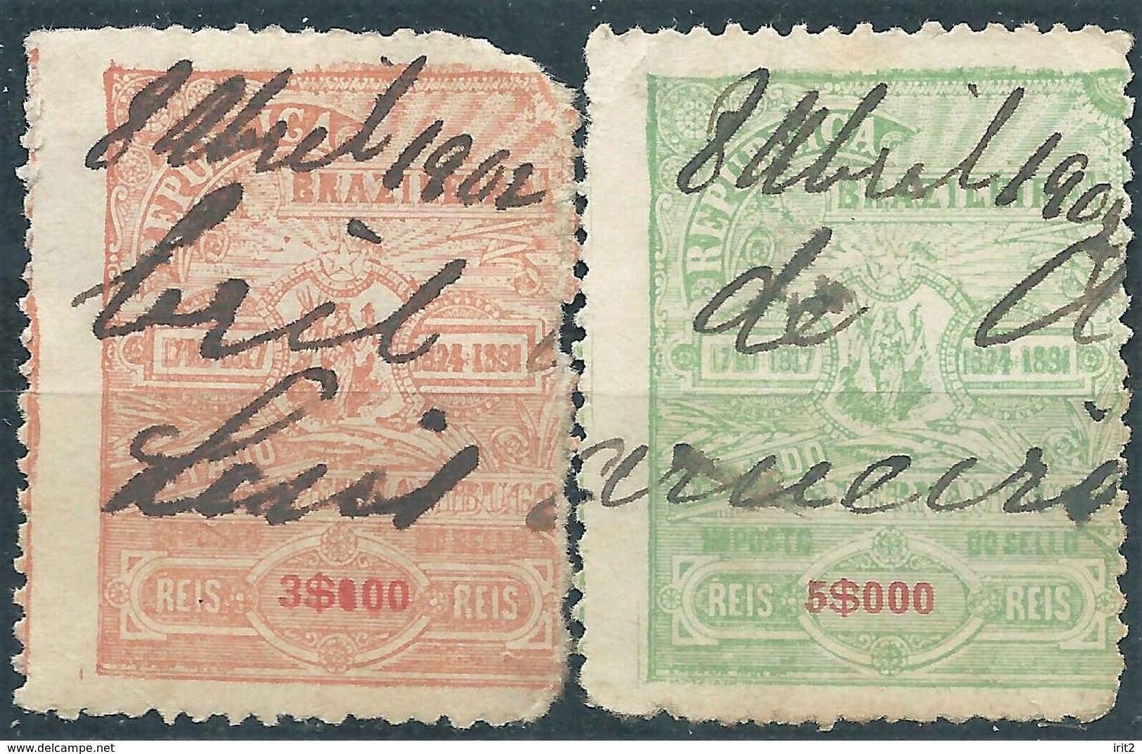 Republica Brazil, Brasile,Revenue Stamps 3$000 & 5$000 Canceled In 1902 - Service