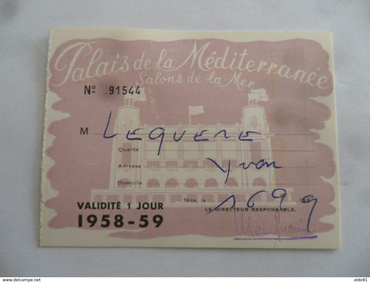 (Fiscaux - Taxe Jeux - Nice - 1958 / 59) - Palais De La Méditerranée - Carte D'un Jour (Prix 200 Fr. Dont Taxe 100 Fr.) - Sonstige & Ohne Zuordnung