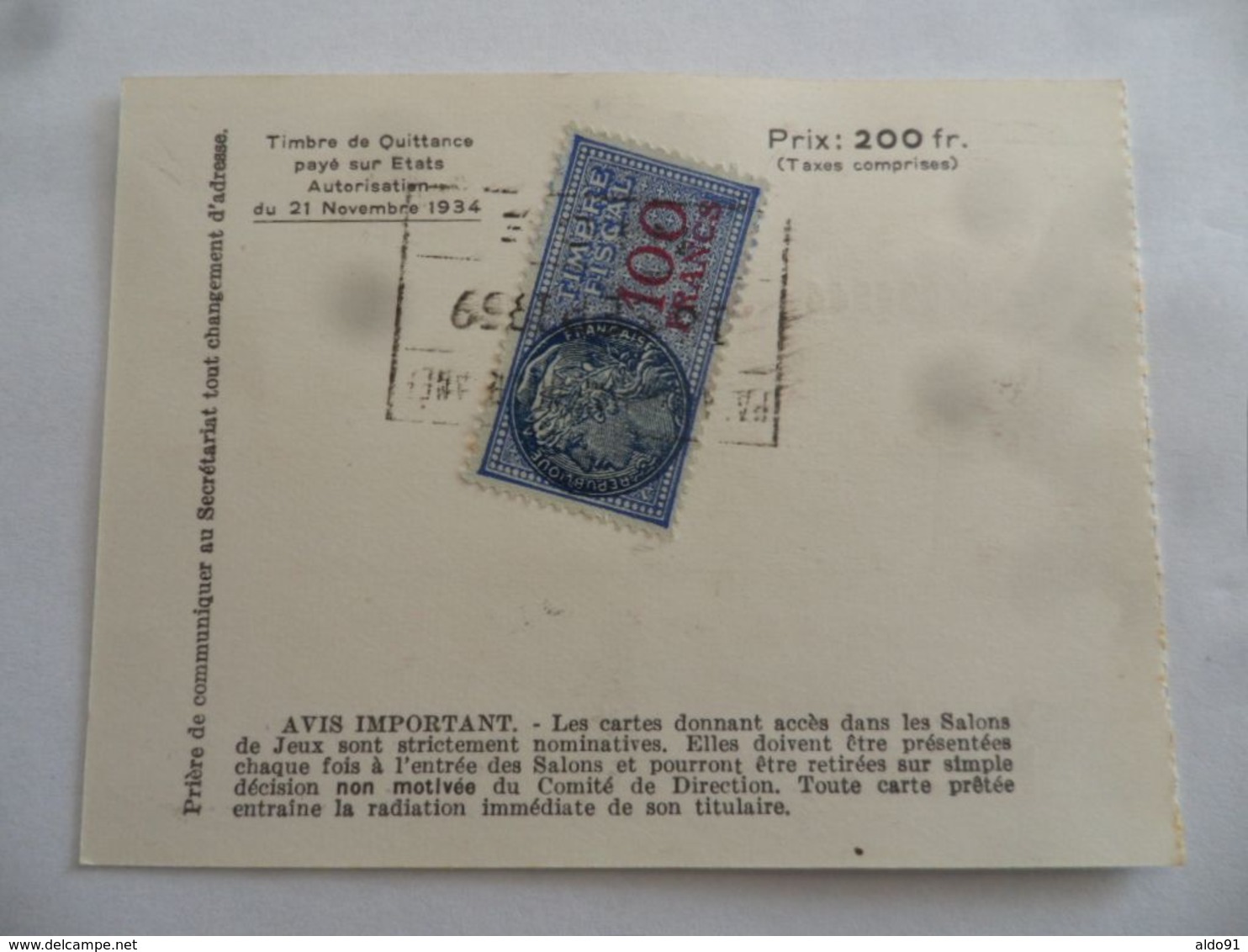 (Fiscaux - Taxe Jeux - Nice - 1958 / 59) - Palais De La Méditerranée - Carte D'un Jour (Prix 200 Fr. Dont Taxe 100 Fr.) - Sonstige & Ohne Zuordnung