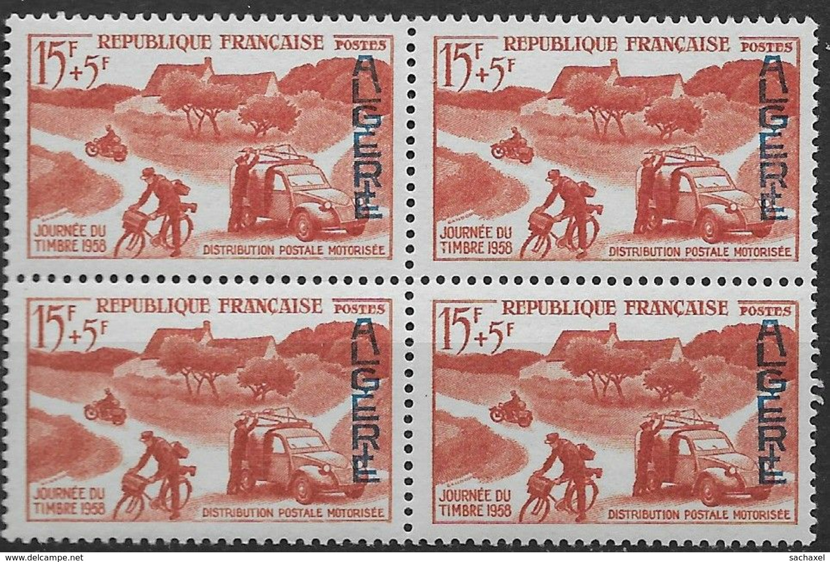 1958  Algérie N° 350   (bloc De 4)  Nf** MNH . Journée Du Timbre : Distribution Motorisée. - Unused Stamps