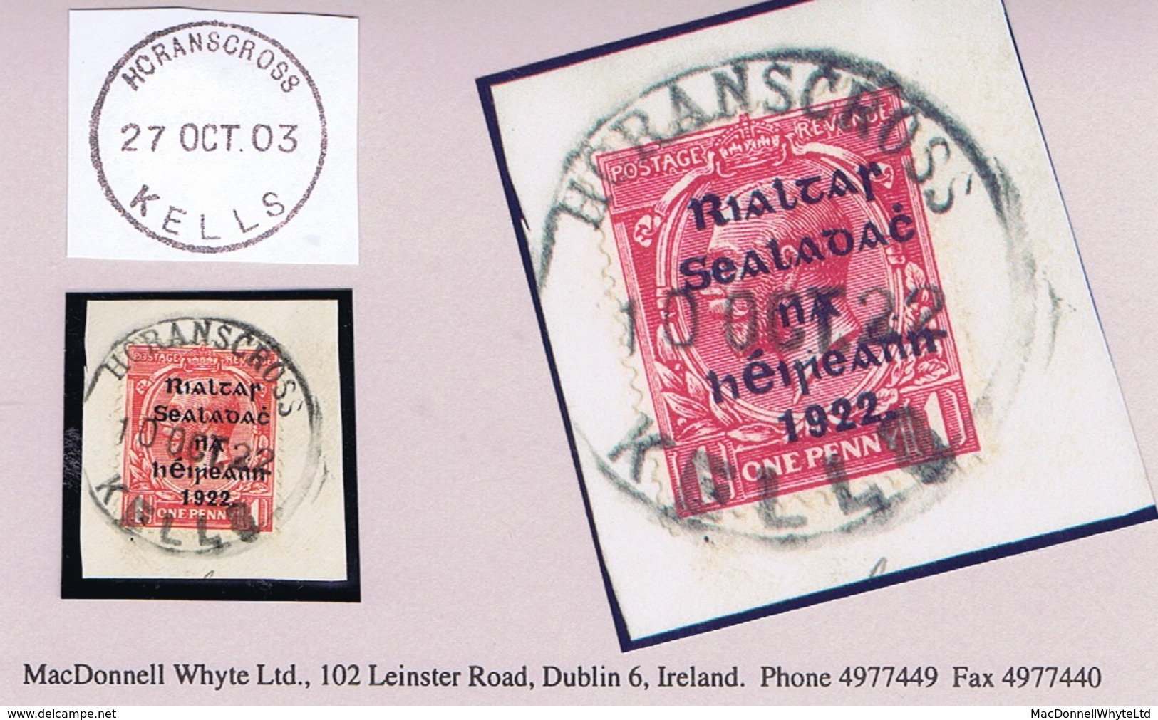 Ireland Meath 1922 Rubber Climax Dater HORANSCROSS KELLS 10 OCT.22 On Piece With Thom Rialtas 1d - Autres & Non Classés