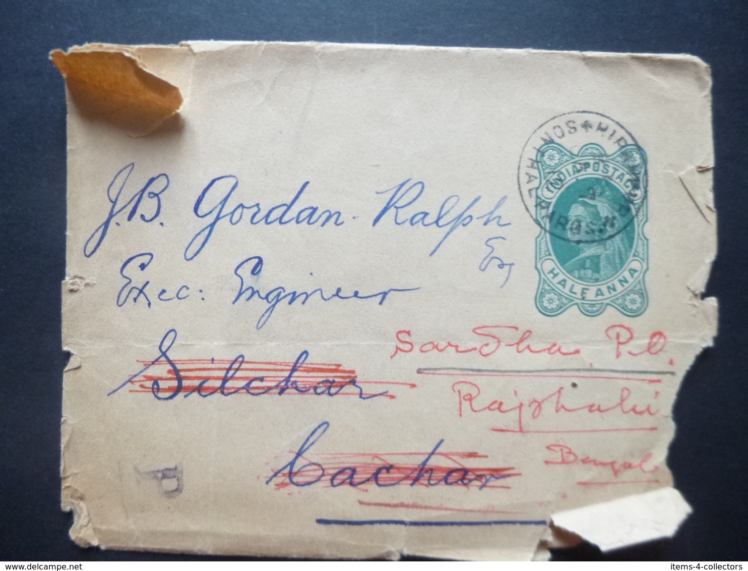 India QV Prepaid Half Anna Postmark SONTHA PAROS To SILCHAR / Redirected Sarda 1912 - Sonstige & Ohne Zuordnung