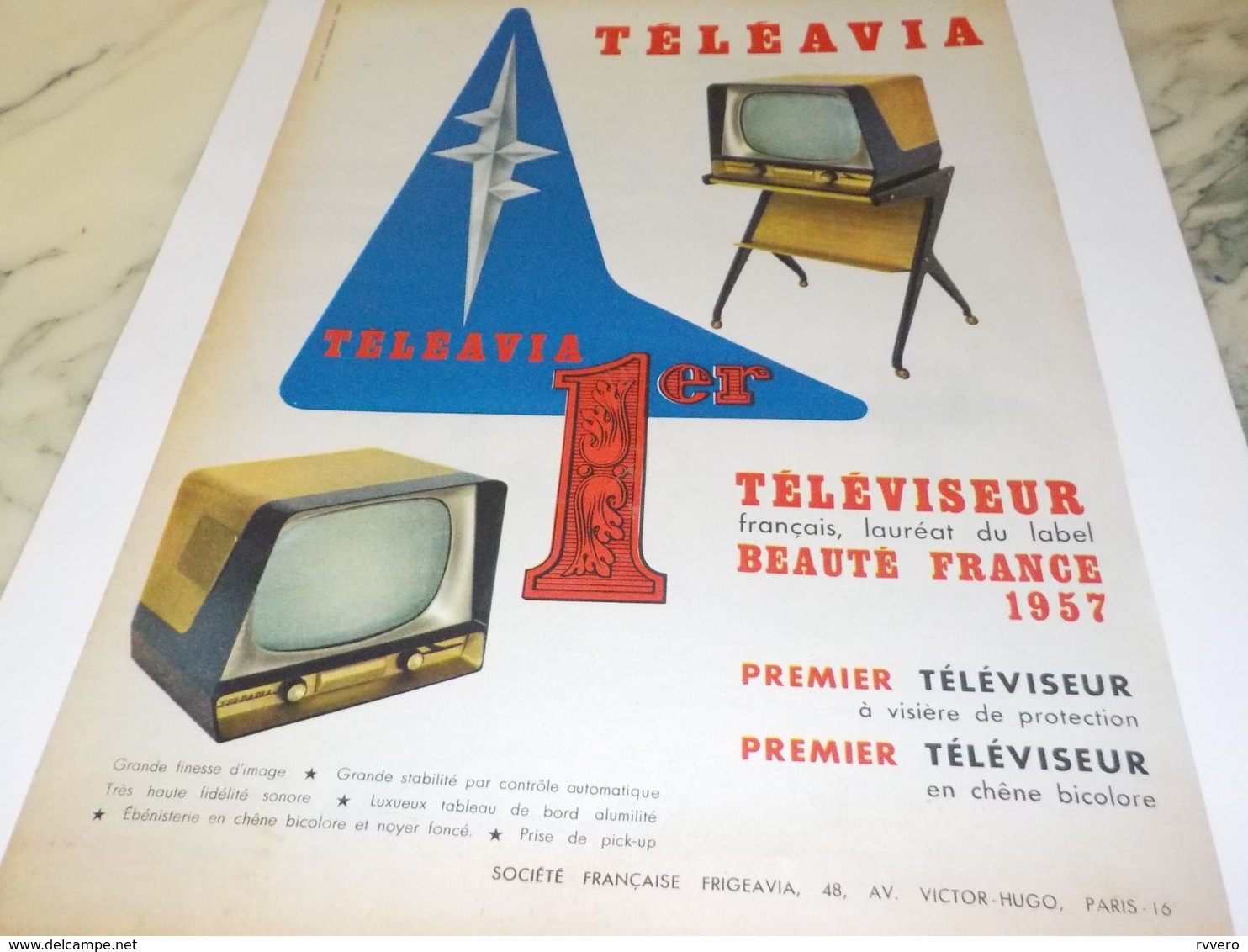 ANCIENNE PUBLICITE PREMIER TELEVISION TELEAVIA   1957 - Television