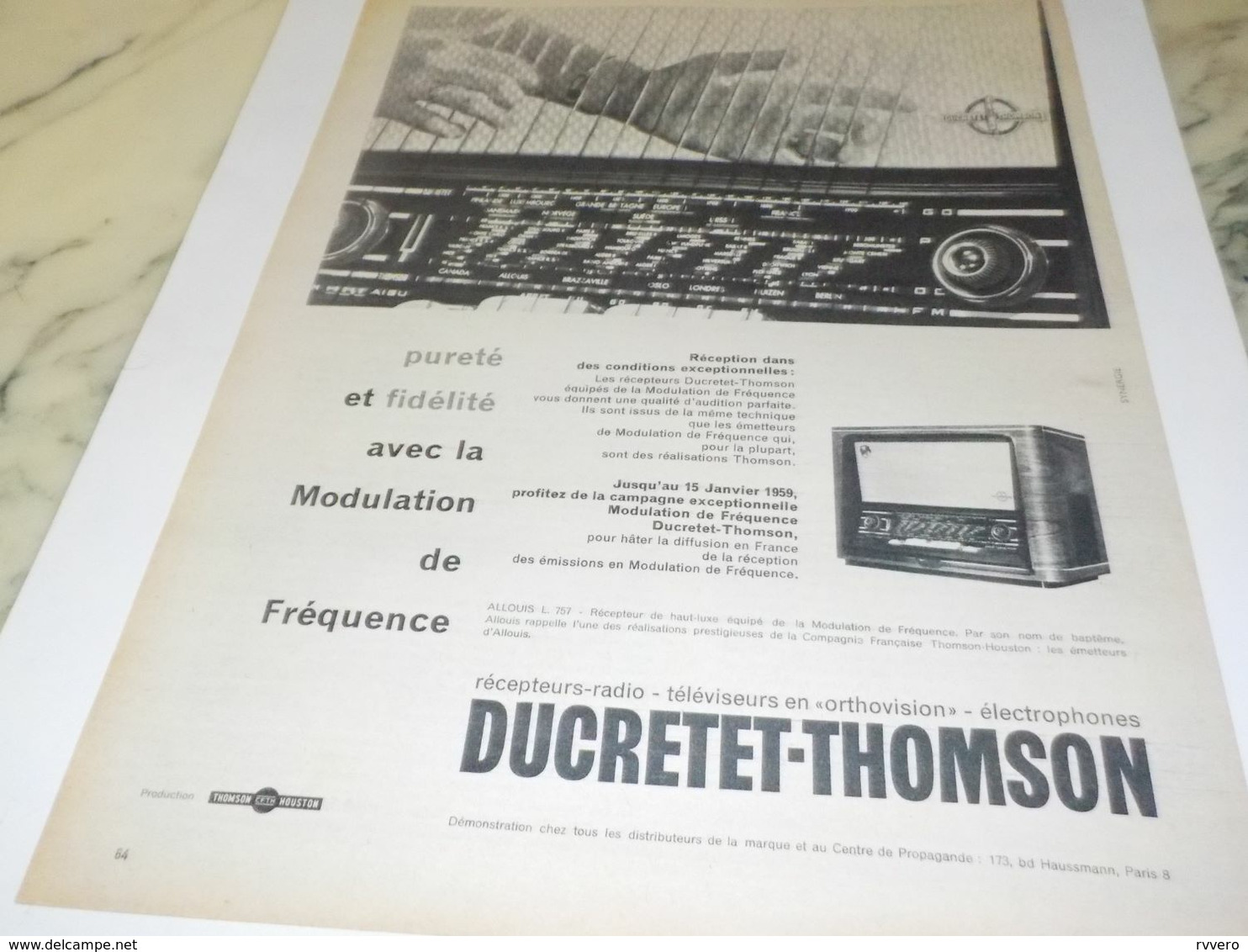 ANCIENNE PUBLICITE TSF THOMSON DUCRETET 1958 - Autres & Non Classés