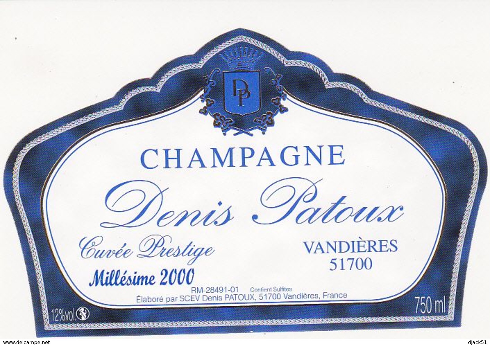 Etiquette Champagne DENIS PATOUX à VANDIERES - 750 Ml - Cuvée Prestige - Millésime 2000 - Jahr 2000