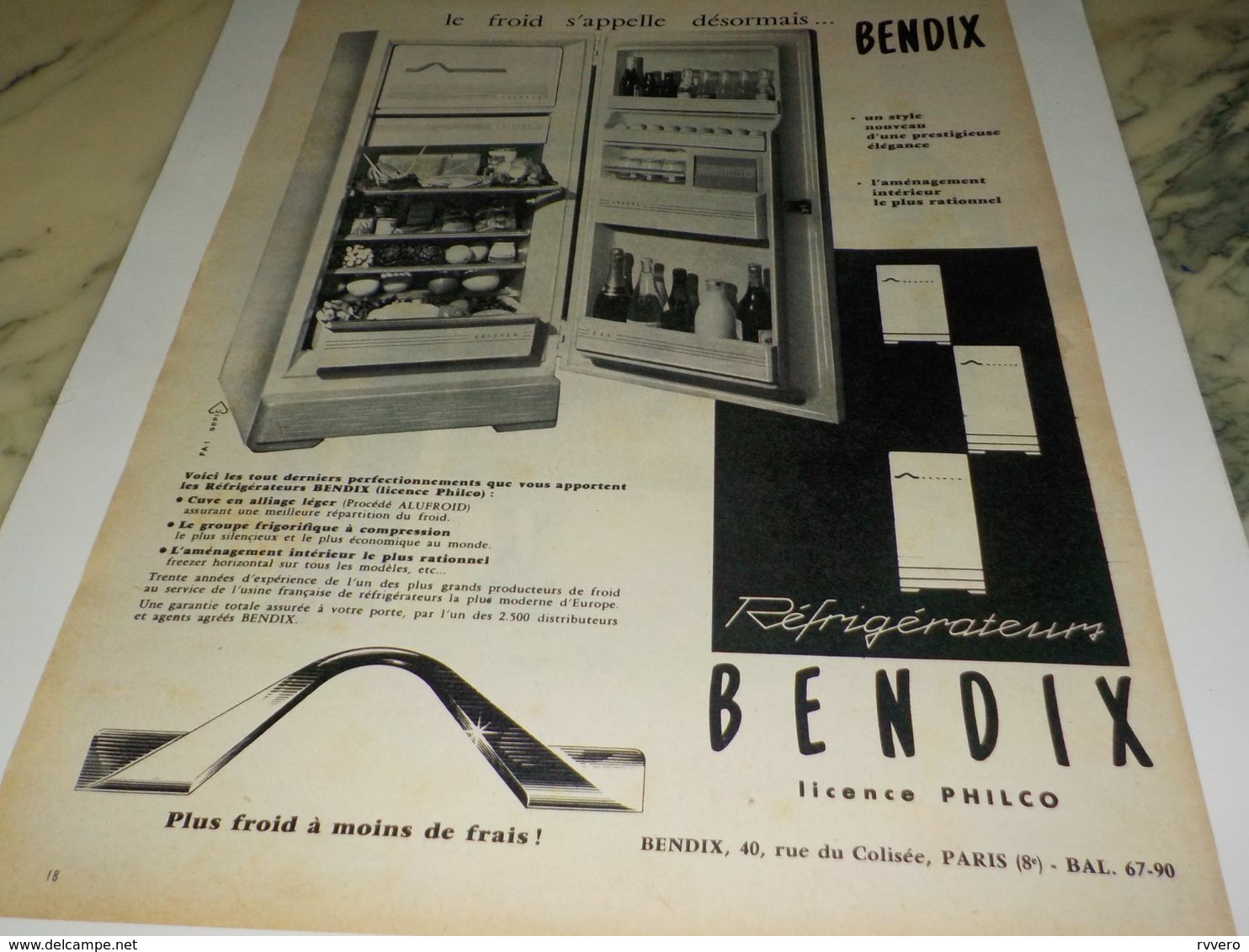 ANCIENNE PUBLICITE LE FROID S APPELLE  REFRIGERATEUR  BENDIX 1958 - Altri Apparecchi