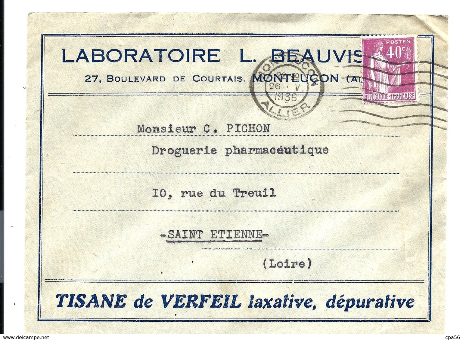 Lettre 1936 - En-tête PUBLICITAIRE - TISANE De VERFEIL - Montluçon Allier - 1932-39 Paz
