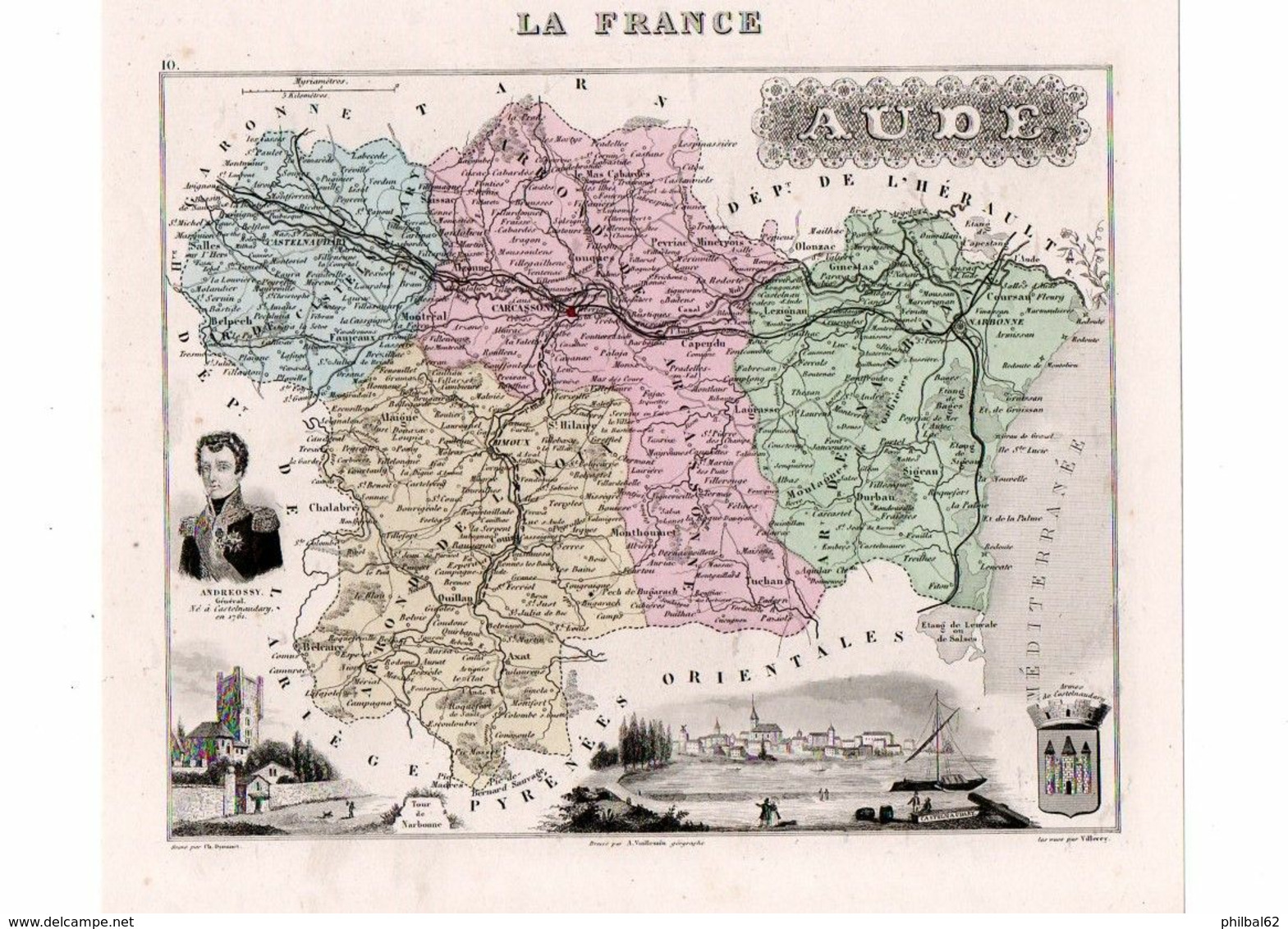 Carte Du Département De L'Aude, Dressée Par Vuillemin. Atlas Migeon 1874-76. - Carte Geographique