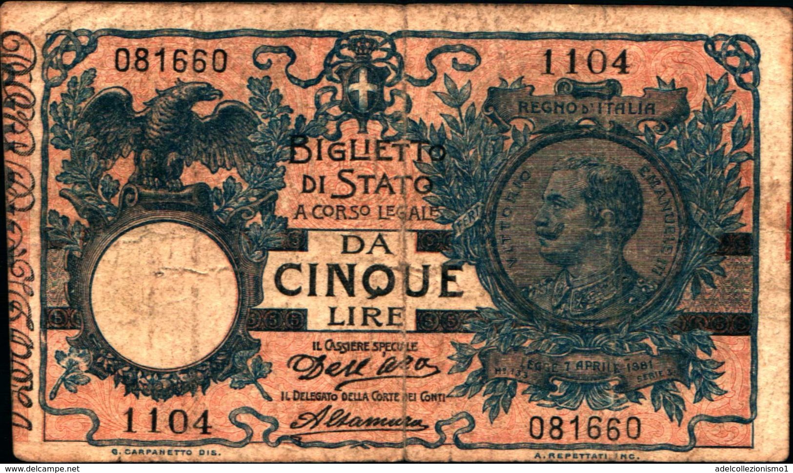 20040)  5 LIRE BIGLIETTO DI STATO  VITTORIO EMANUELE III DECR 27-12- 1911 -banconota Non Trattata.vedi Foto - Occupation Alliés Seconde Guerre Mondiale