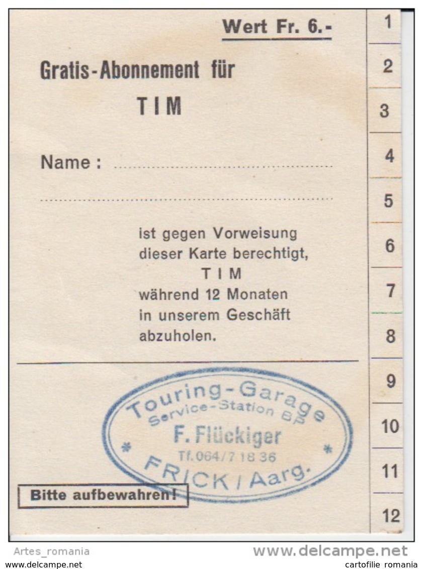 Switzerland - Frick Aargau - Touring Garage Service Station - Ticket Voucher - Auto - Toegangskaarten
