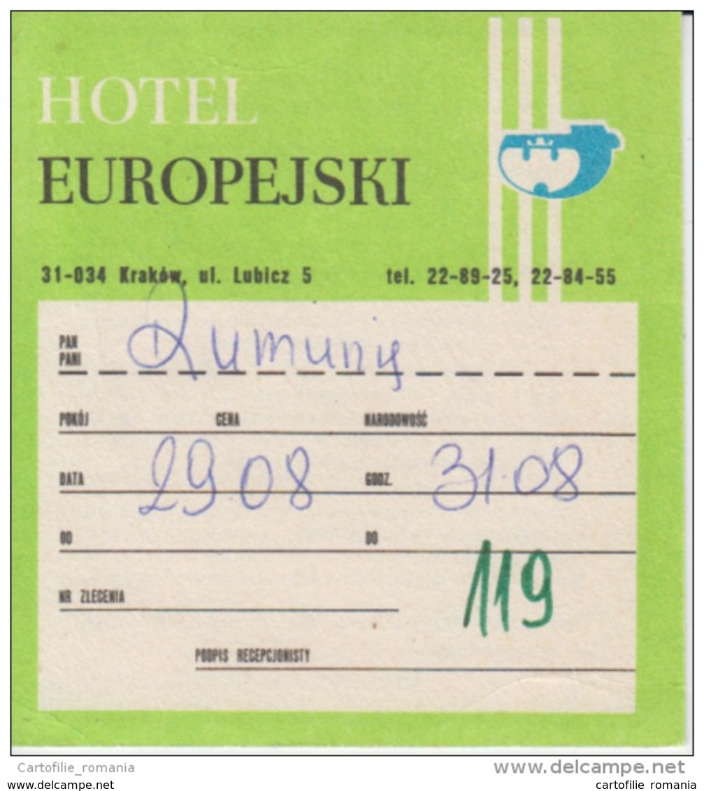 Poland - Krakow - Hotel Europejski - Ul. Lubicz 5 - Ticket - Voucher - See Verso - Eintrittskarten