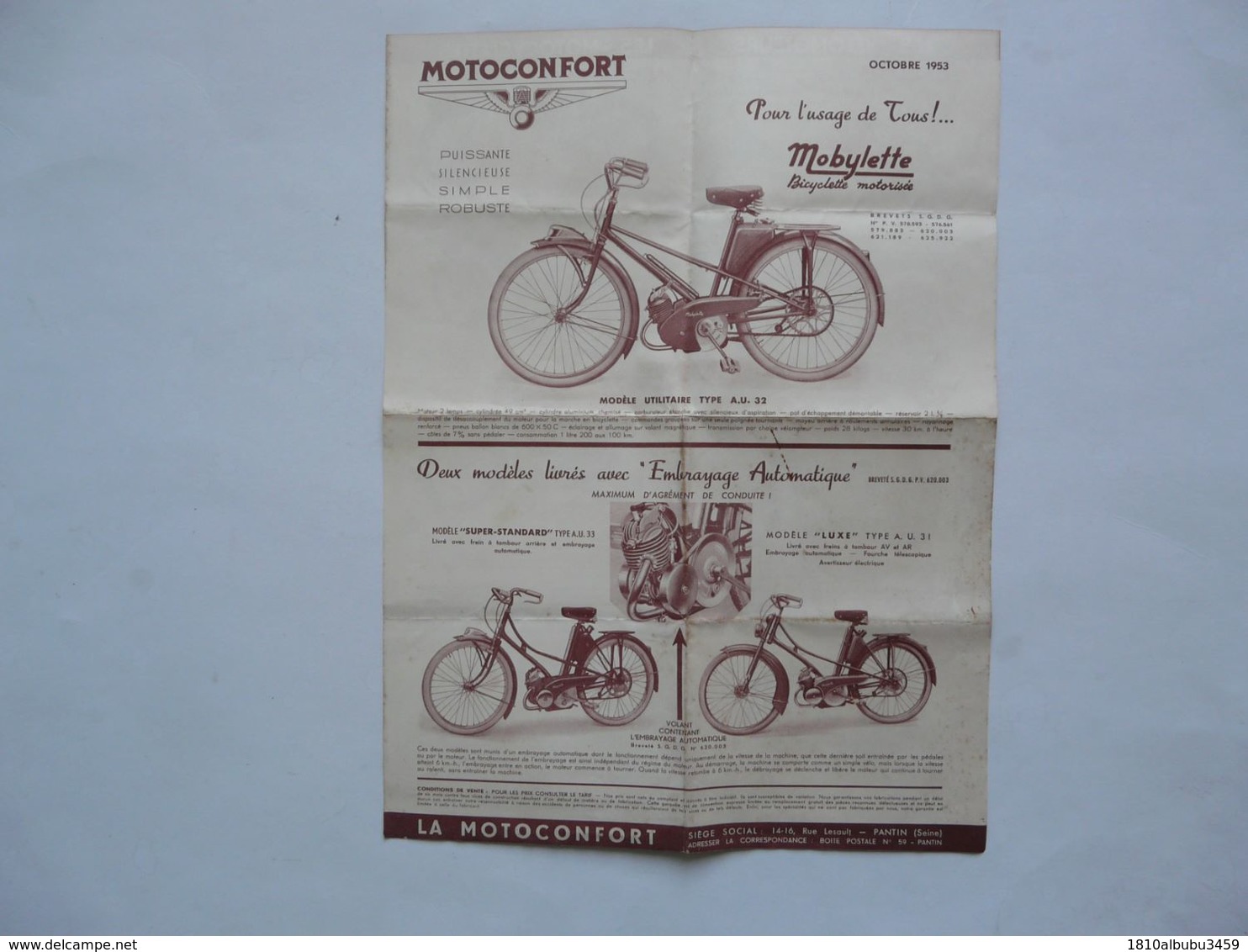 VIEUX PAPIERS - PUBLICITE : MOTOCONFORT - Les Vélomoteurs - Les Motocyclettes - Le SCOOTER - Advertising