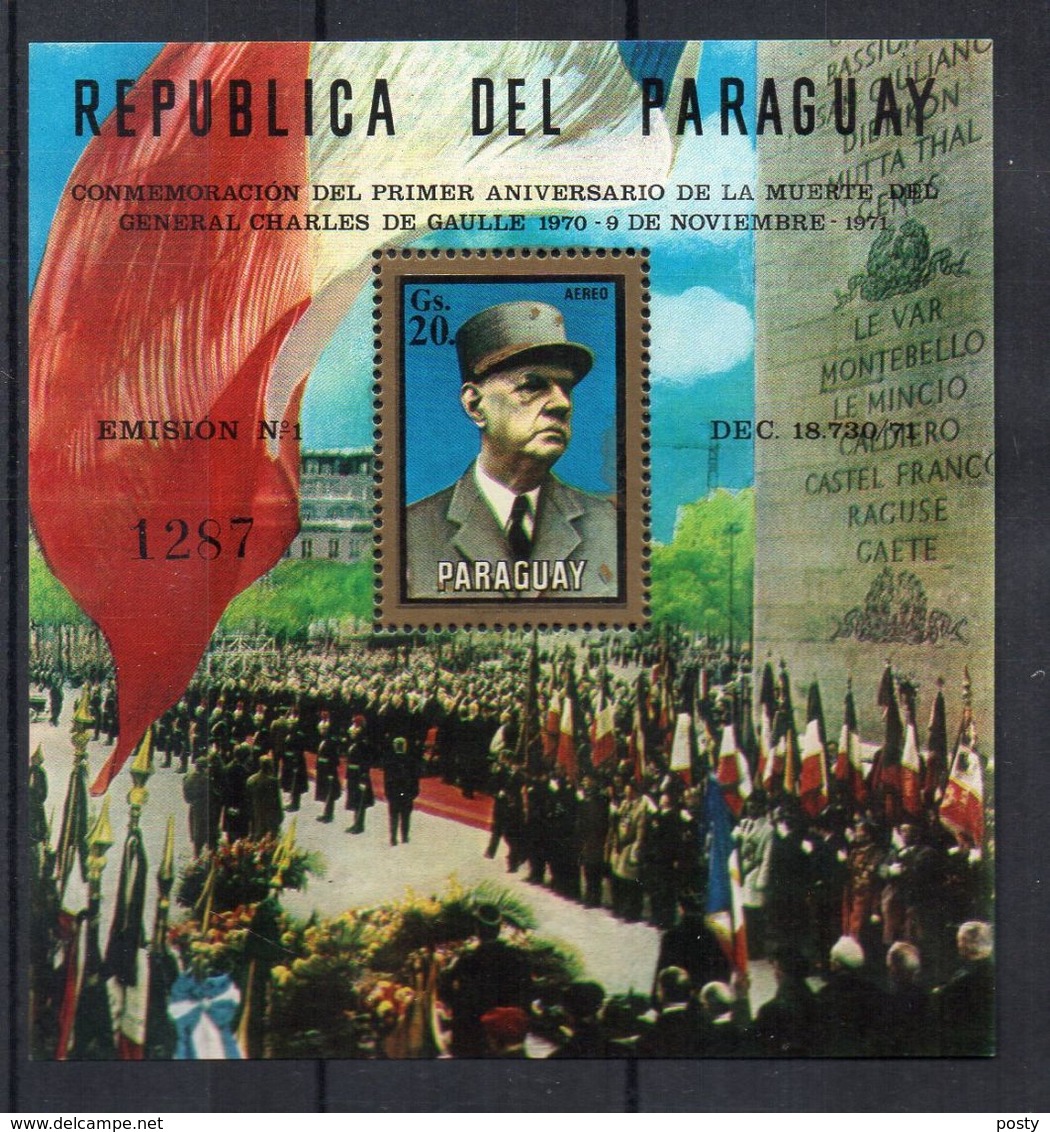 PARAGUAY - 1971 - B/F - M/S - PREMIER ANNIVERSAIRE DU DECES DU GENERAL DE GAULLE - FIRST ANNIV. DEATH OF DE GAULLE - - Paraguay