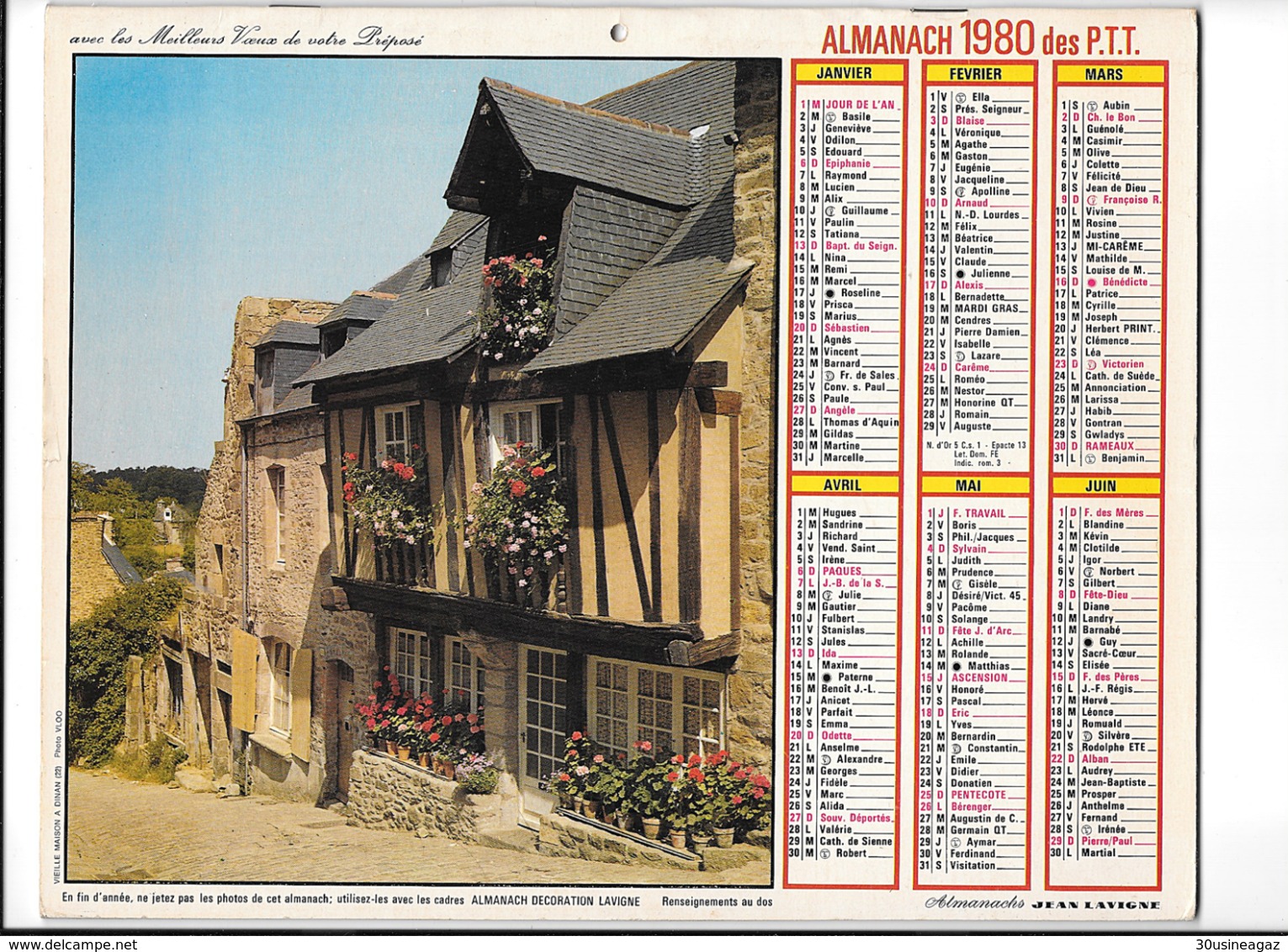 Calendrier 1980, Almanach Des P T T ,postes, Vielle Maison Dinan , Jardin D'Angers,  ,Département 30 , Double Face - Grand Format : 1971-80