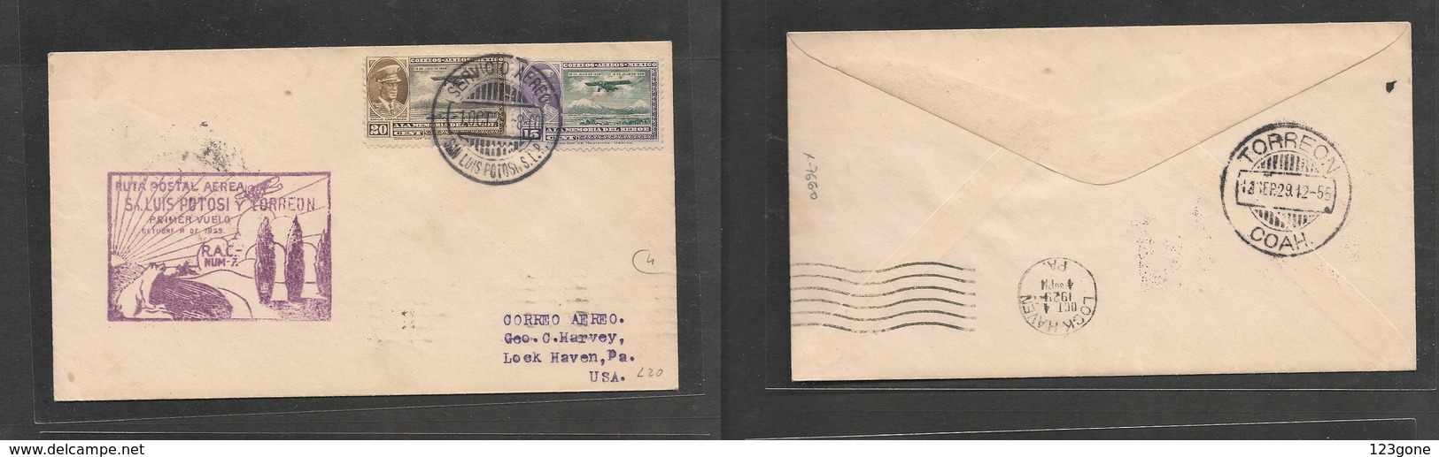 123gone. Mexico Cover - 1929 San Luis Torreon Special First Flight Cachet Mult Fkd Env Lo Lock Haven USA, Fine - Mexiko