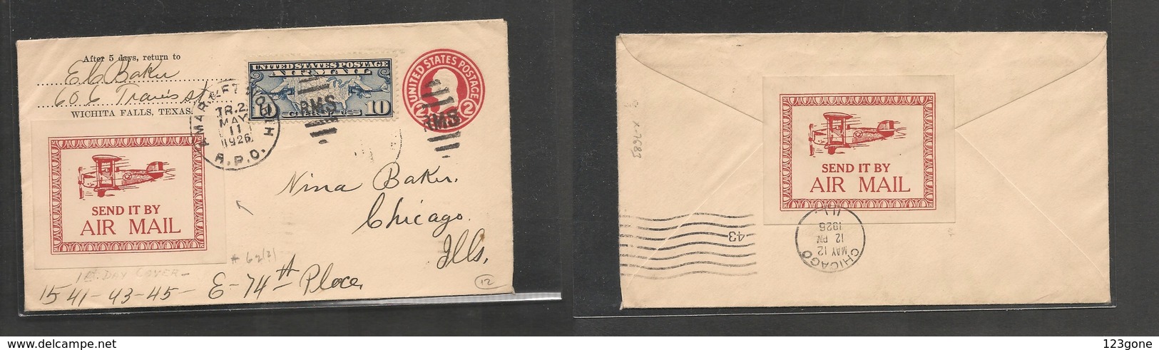 123gone. USA Cover -  1926 Fort Worth To Chicago. 2c Red Stat Env+adtl On Airmail Usage Tied Label, Vf - Sonstige & Ohne Zuordnung