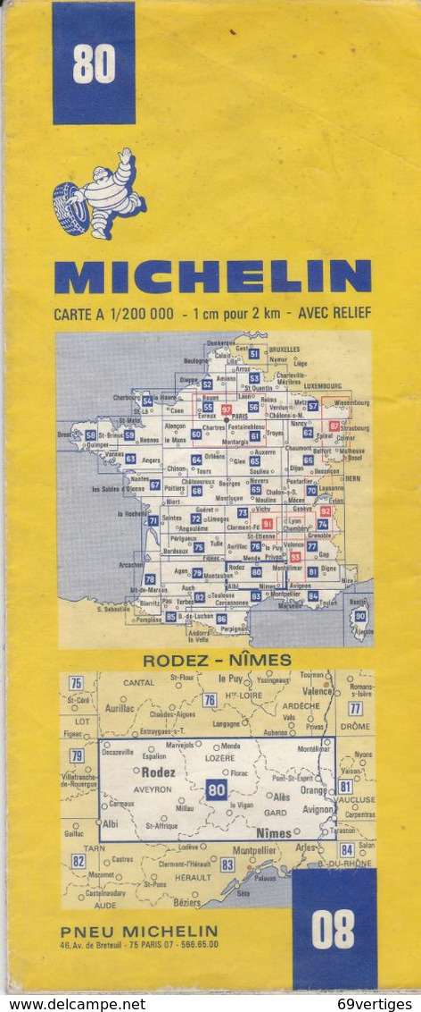 MICHELIN 80, FRANCE, RODEZ - NIMES, Avec Relief - Cartes Routières