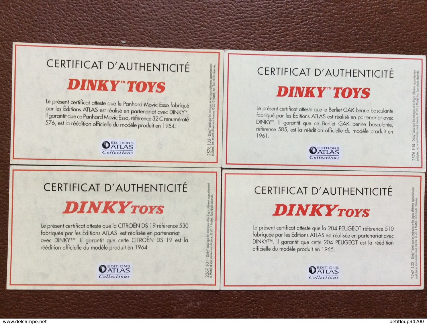 REEDITION CATALOGUE DINKY TOYS 1954 Edtitions Atlas-4 CERTIFICATS D’AITHENTICITE *Peugeot *Berliet *Panhard *Citroen