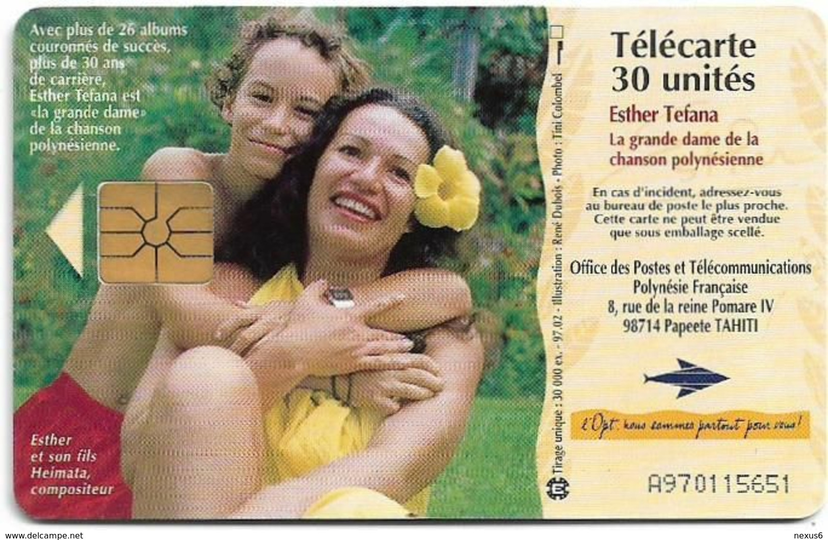French Polynesia - OPT - Esther Tefana - Gem1A Symmetr. Black, 02.1997, 30Units, 30.000ex, Used - Polynésie Française