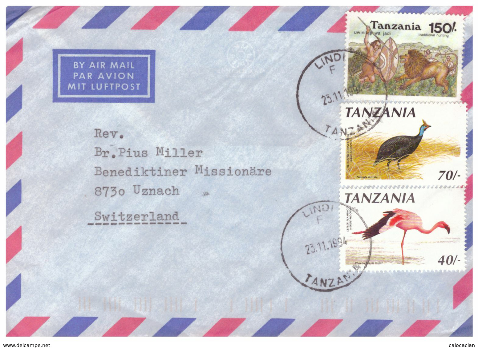 1994 TANZANIA AIR MAIL COUVERT WITH 3 DIV. STAMPS TO SWISS - Tansania (1964-...)