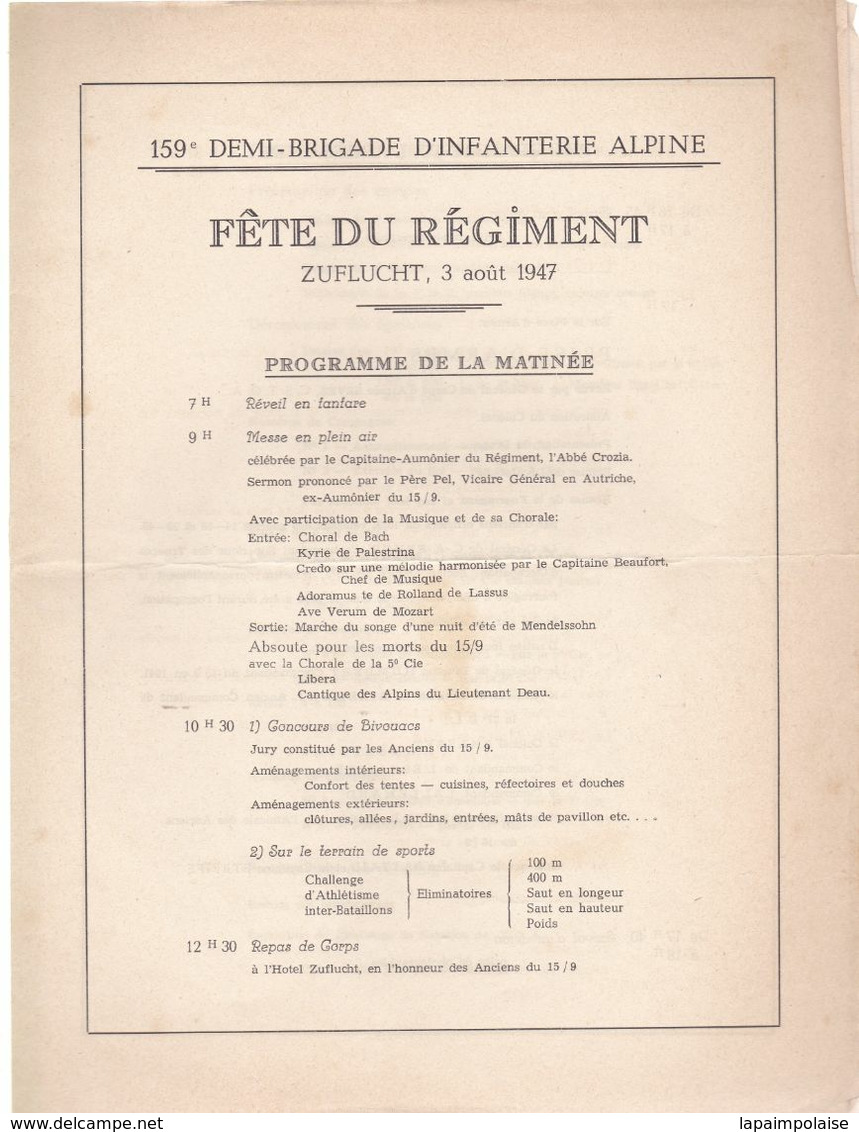 Militaria  Documents Fête Du Régiment Du 159 Brigade D'infanterie Alpine A Zuflucht (Allemagne ) 1947 Au PC Hitler - Documents