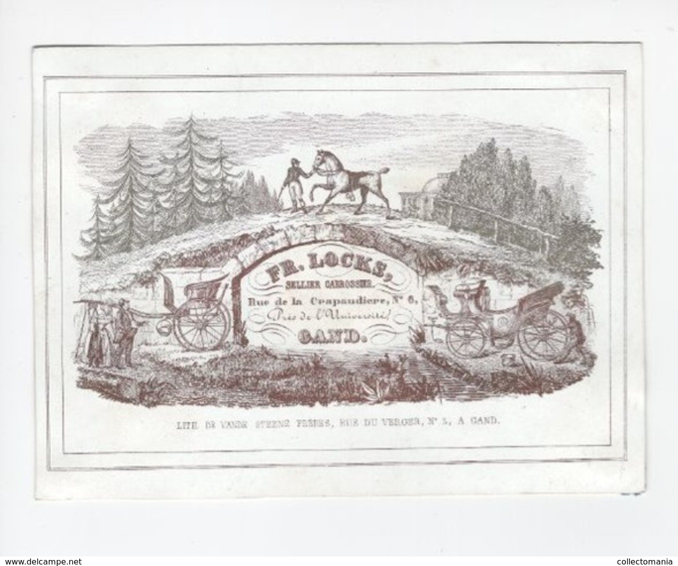 1 Carte Porcelaine  Sellier Carrossier  Cheval  Fr. Locks Rue De La Crapaudière Gand  Lith. Vande Steene  Afm.:14x11cm - Porcelana