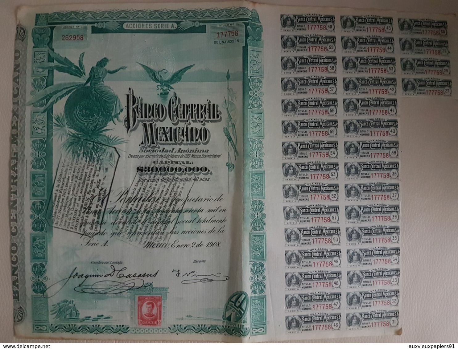 Fiscal (Fiscaux) - Action Banco Central Mexicano De 100 Pesos - 1908 - Série A - Timbre Entier Fiscal De 10 Centavos - Banco & Caja De Ahorros