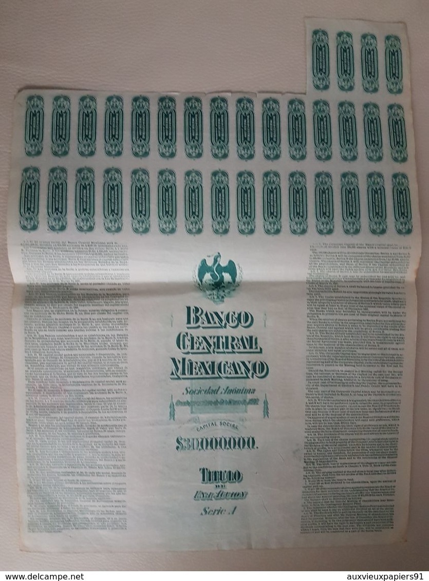 Fiscal (Fiscaux) - Action Banco Central Mexicano De 100 Pesos - 1908 - Série A - Timbre Entier Fiscal De 10 Centavos - Banco & Caja De Ahorros