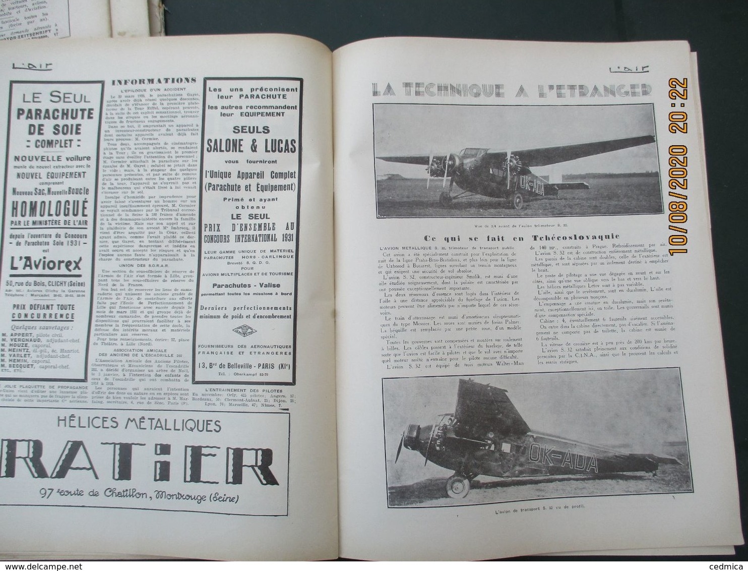 L'AIR REVUE BI.MENSUELLE ORGANE DE L'AVIATION FRANCAISE 1932 VOIR ETAT, MANQUE COUVERTURE