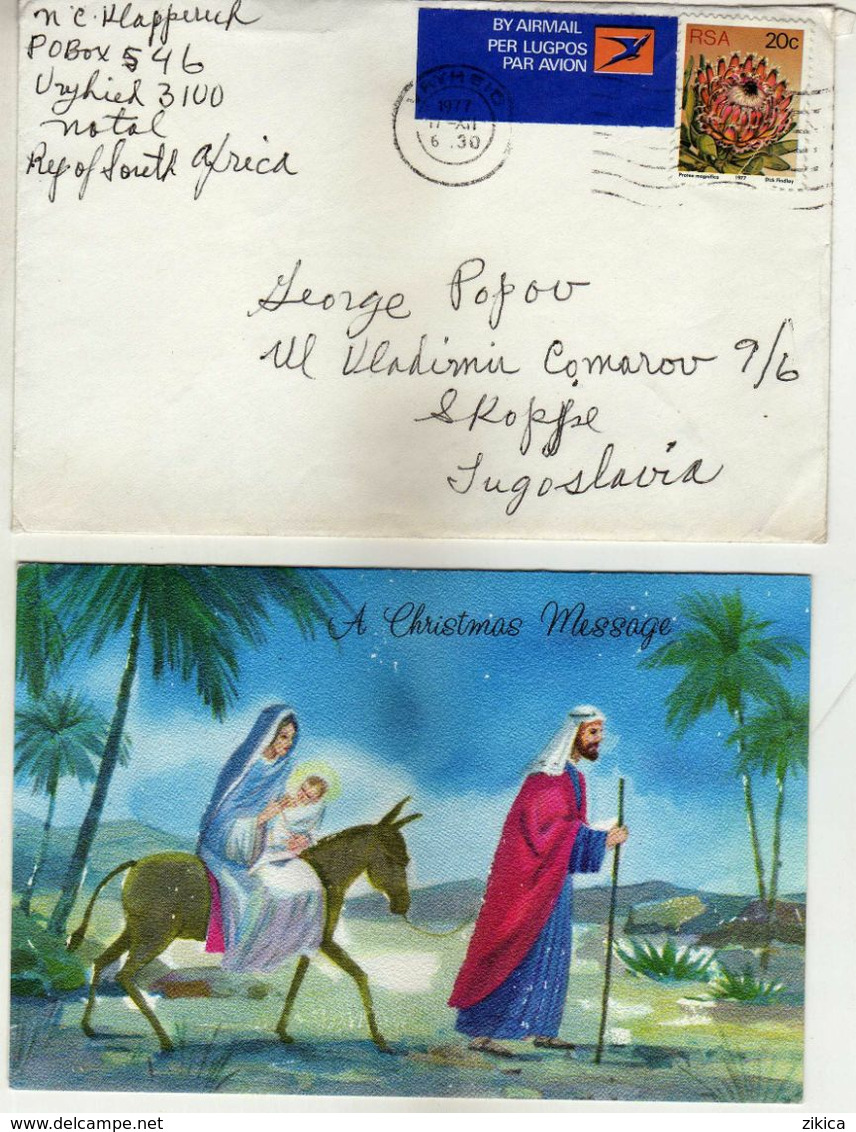 South Africa Leter And Double Postcard New Year,Christmas - AIR MAIL Via Macedonia 1977.Flora - Protea Plants 1977 - Lettres & Documents