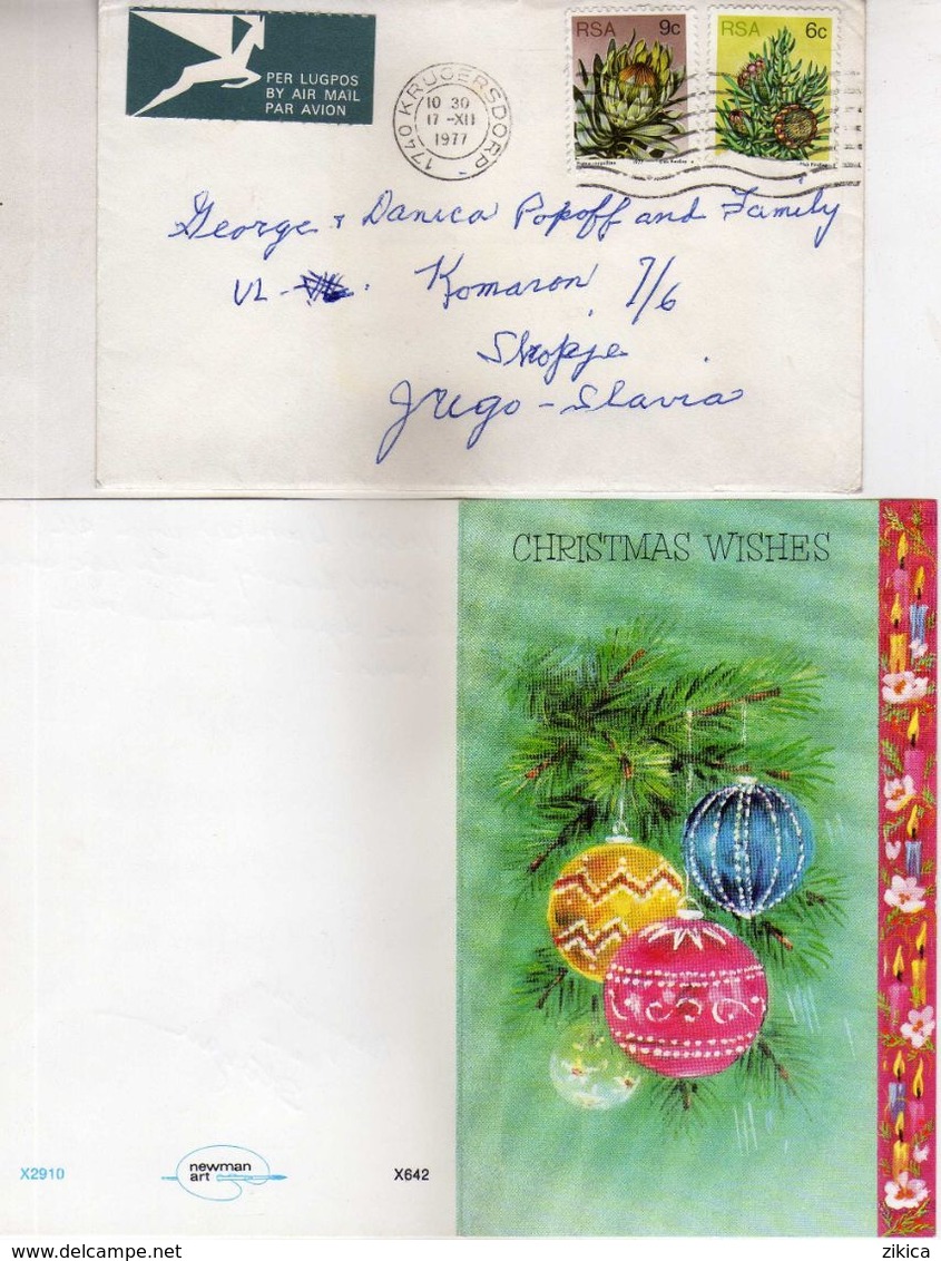 South Africa Leter And Double Postcard New Year,Christmas - AIR MAIL Via Macedonia 1977.Flora - Protea Plants 1977 - Briefe U. Dokumente