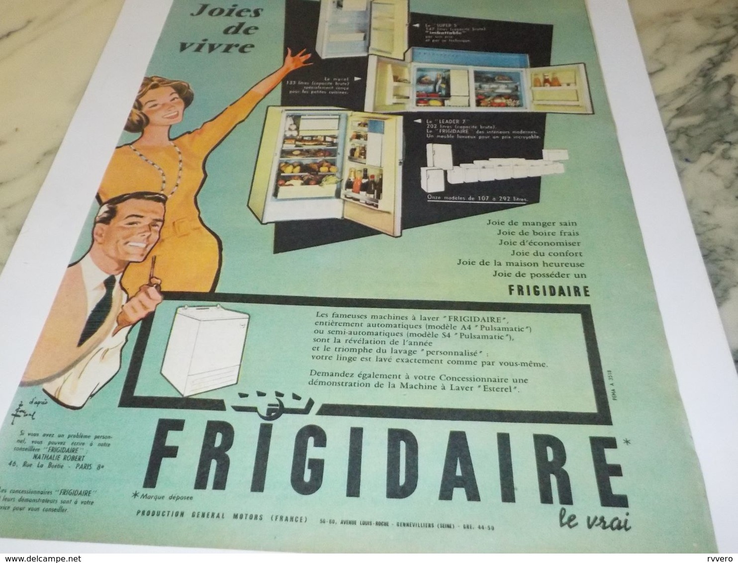 ANCIENNE PUBLICITE FRIGO FRIGIDAIRE LE VRAI 1956 - Other & Unclassified