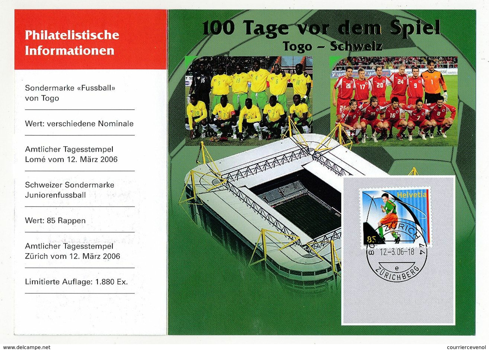 SUISSE / TOGO - Document Encart 14 Cm X 15 Cm - 100 Jours Avant Le Match TOGO - SUISSE - 2006 - Covers & Documents