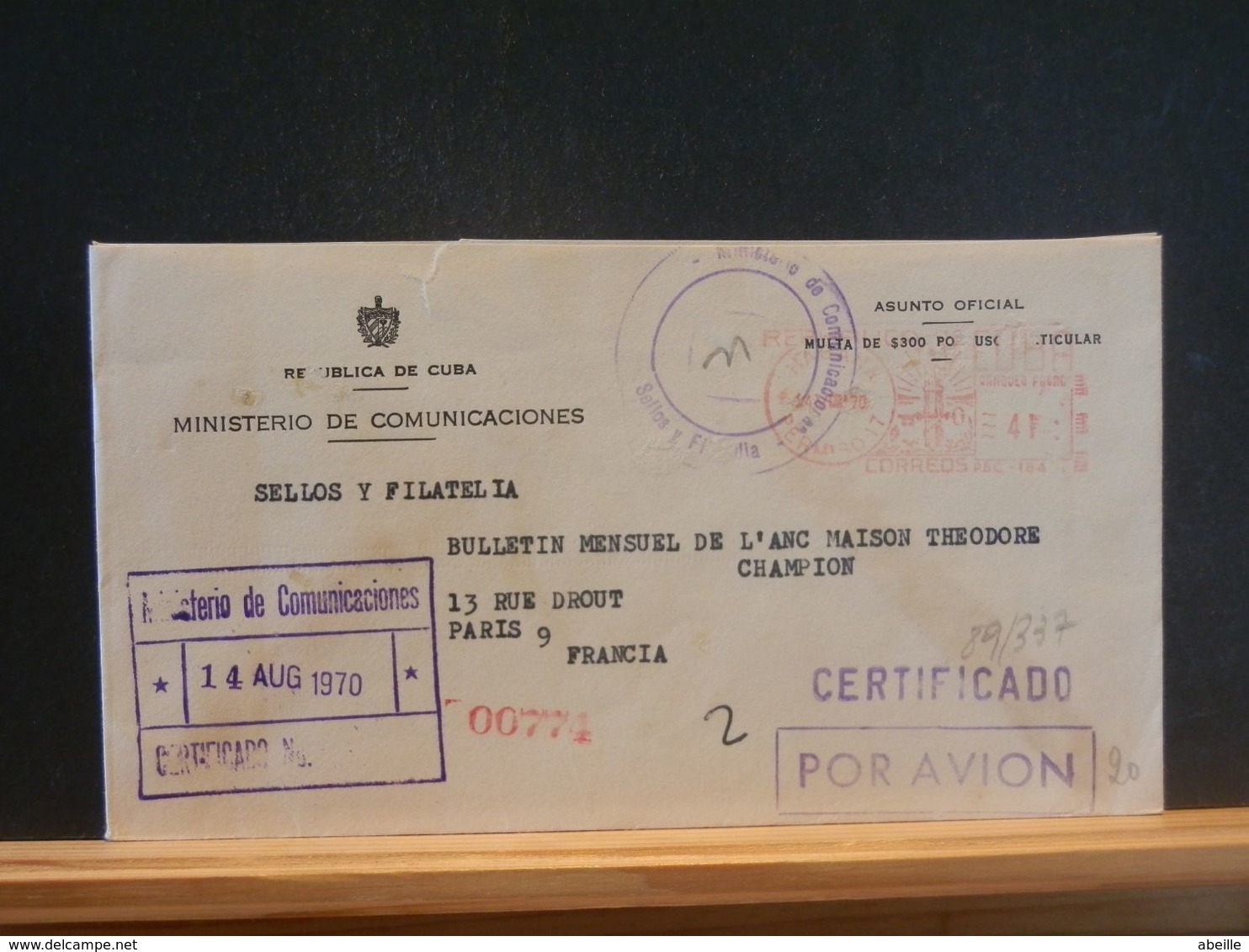 89/337  LETTER CUBA TO  FRANCE  REGISTRED  1970 - Cartas & Documentos