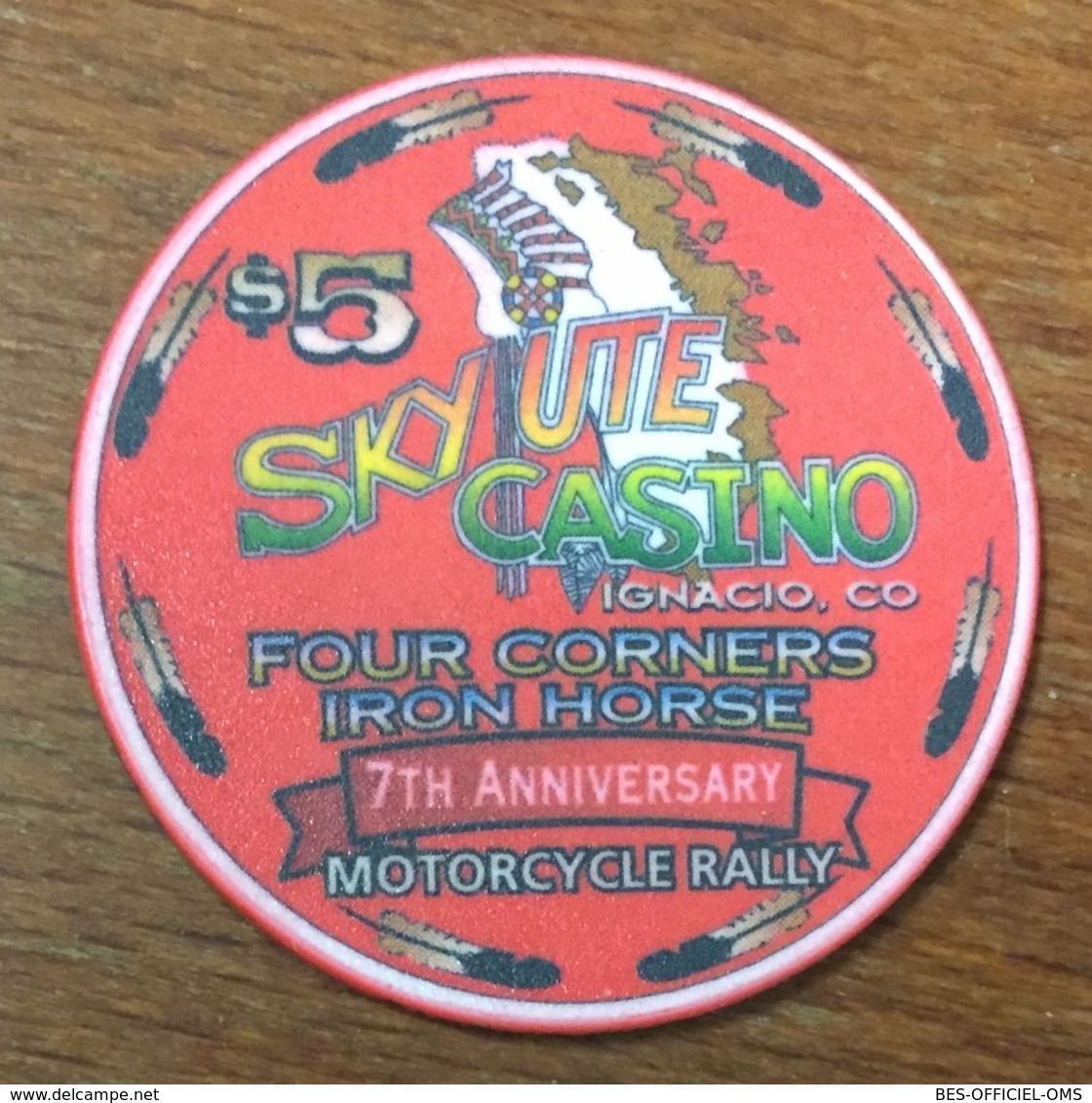 USA COLORADO SKY UTE CASINO CHIP $5 MOTOCYCLE RALLY JETON TOKEN COIN INDIAN INDIEN - Casino