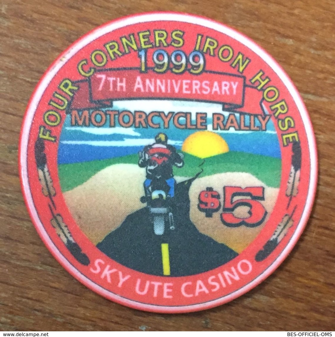 USA COLORADO SKY UTE CASINO CHIP $5 MOTOCYCLE RALLY JETON TOKEN COIN INDIAN INDIEN - Casino