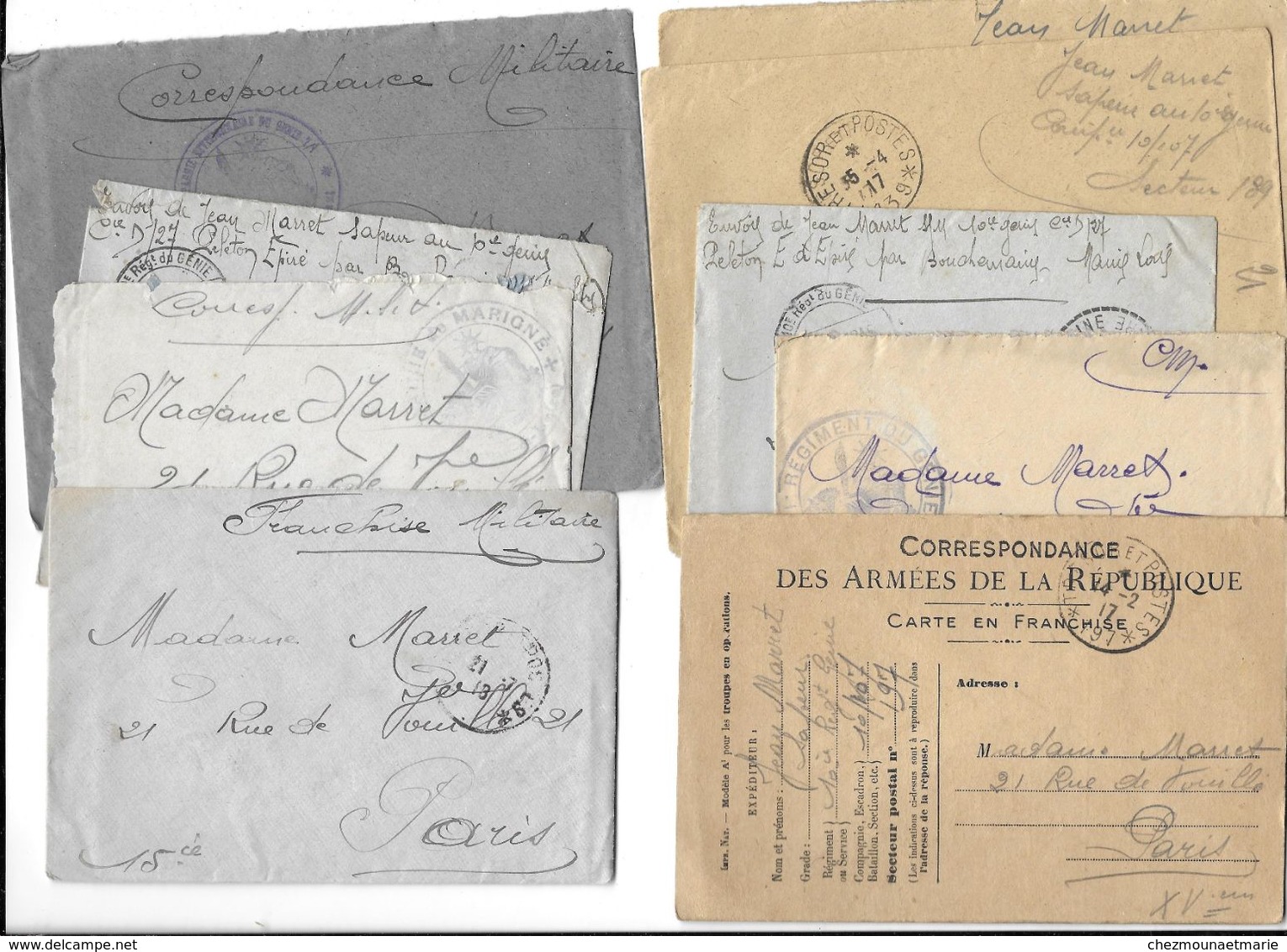 MARRET JEAN SAPEUR 10 REGIMENT GENIE 9 DOCUMENTS DONT 5 ENVELOPPES AVEC COURRIERS ET UNE CARTE - MILITAIRE - Documenti