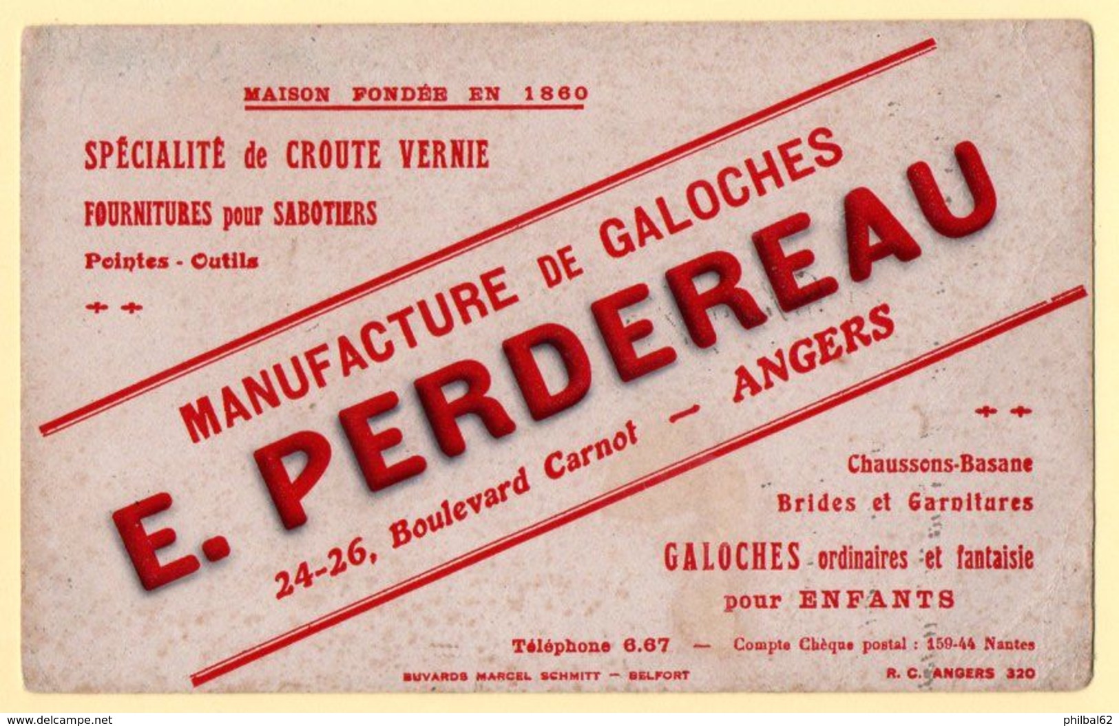 Buvard E.Perdereau, Manufacture De Galoches, Bd. Carnot à Angers. Fournitures Pour Sabotiers, Galoches Pour Enfants. - Schoenen