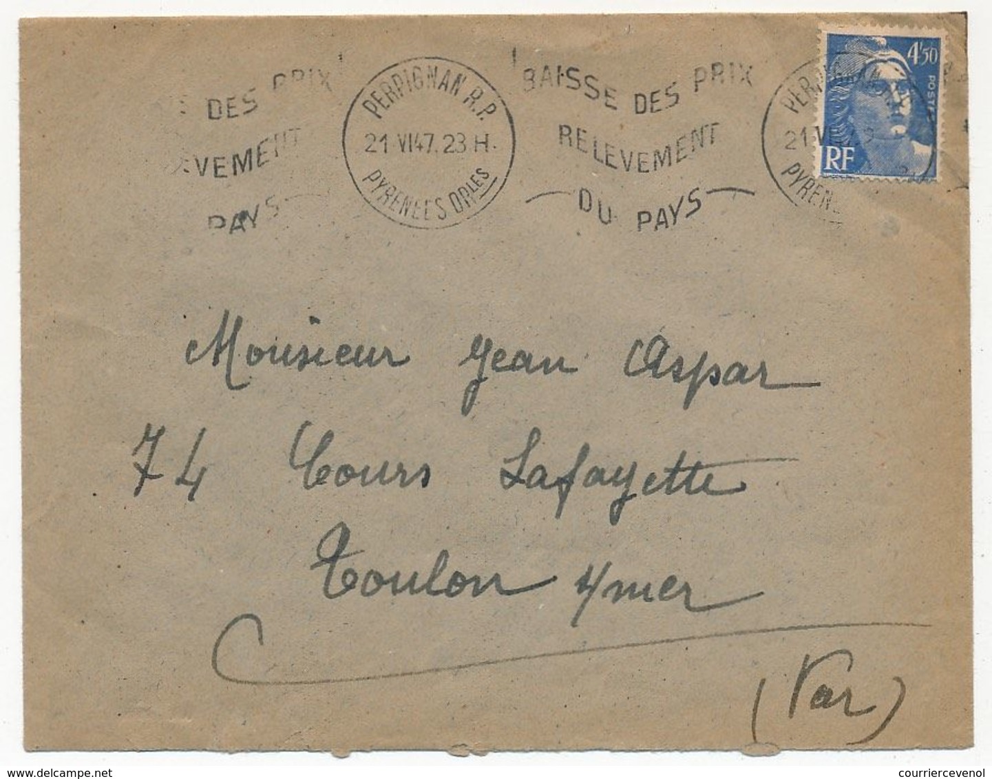 FRANCE - Env Affr 4,50F Gandon OMEC Perpignan RP 21/6/1947 Baisse Des Prix Relèvement Du Pays - Lettres & Documents