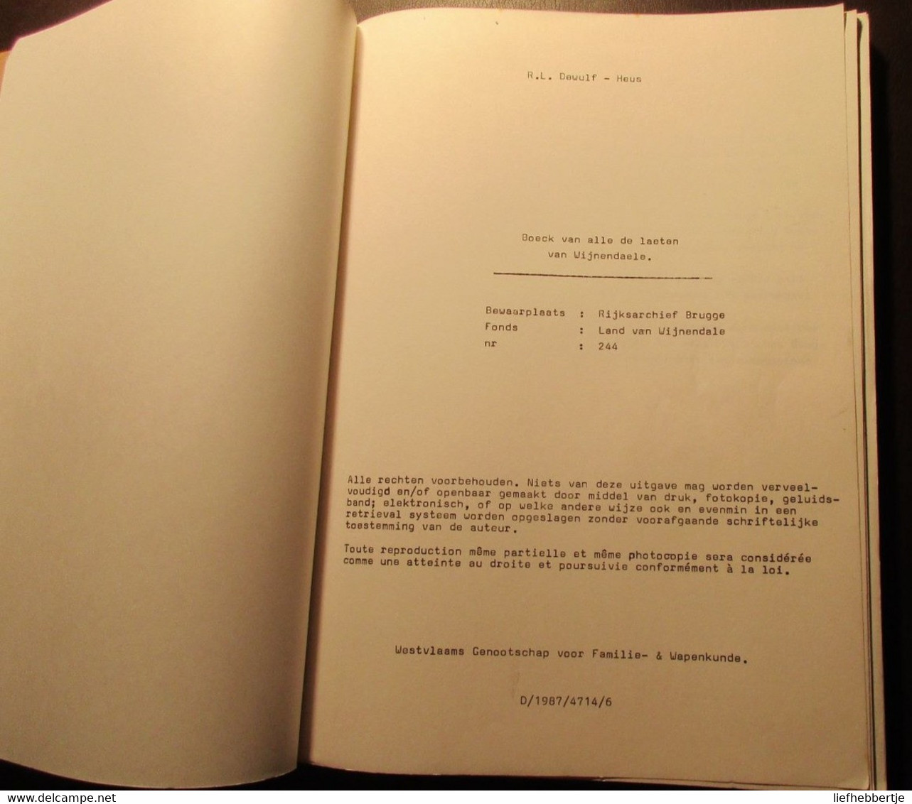 Boeck Van Alle De Laten Van Wijnendaele -   Torhout - Wijnendale - Brugse Vrije - Genealogie - 1987 - Geschichte