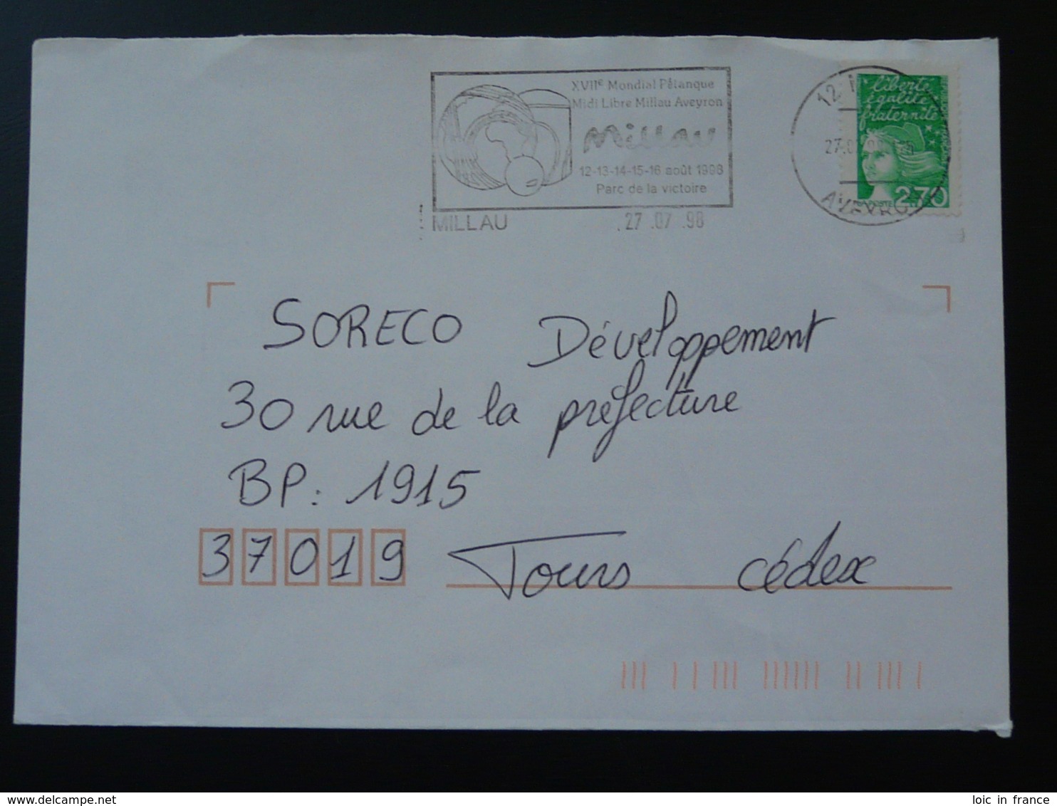 12 Aveyron Millau Mondial Petanque 1998  - Flamme Sur Lettre Postmark On Cover - Petanque