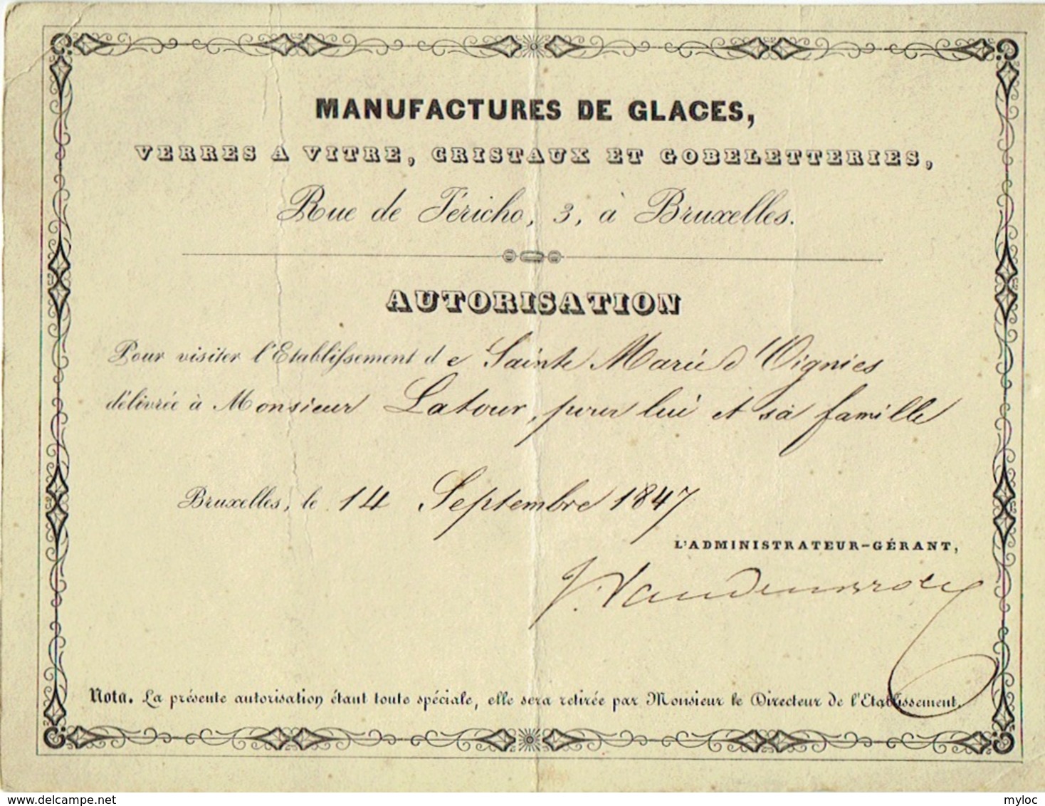 Manufactures De Glaces, Cristaux... Bruxelles, Rue De Jéricho. Autorisation De Visite En 1847. - Eintrittskarten