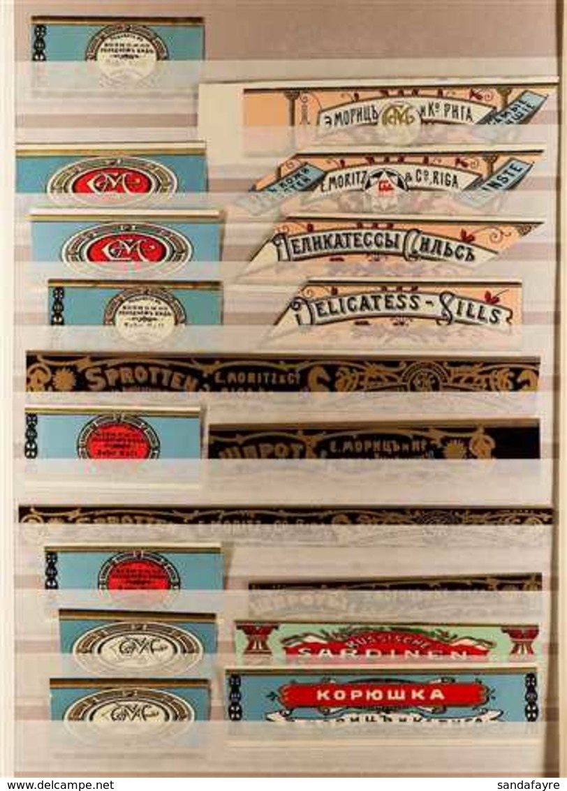 CINDERELLAS  RUSSIA Circa 1900's Collection Of Various "E.MORITZ & Co, RIGA" (Latvia) Fish Can Labels On Stock Pages, In - Altri & Non Classificati