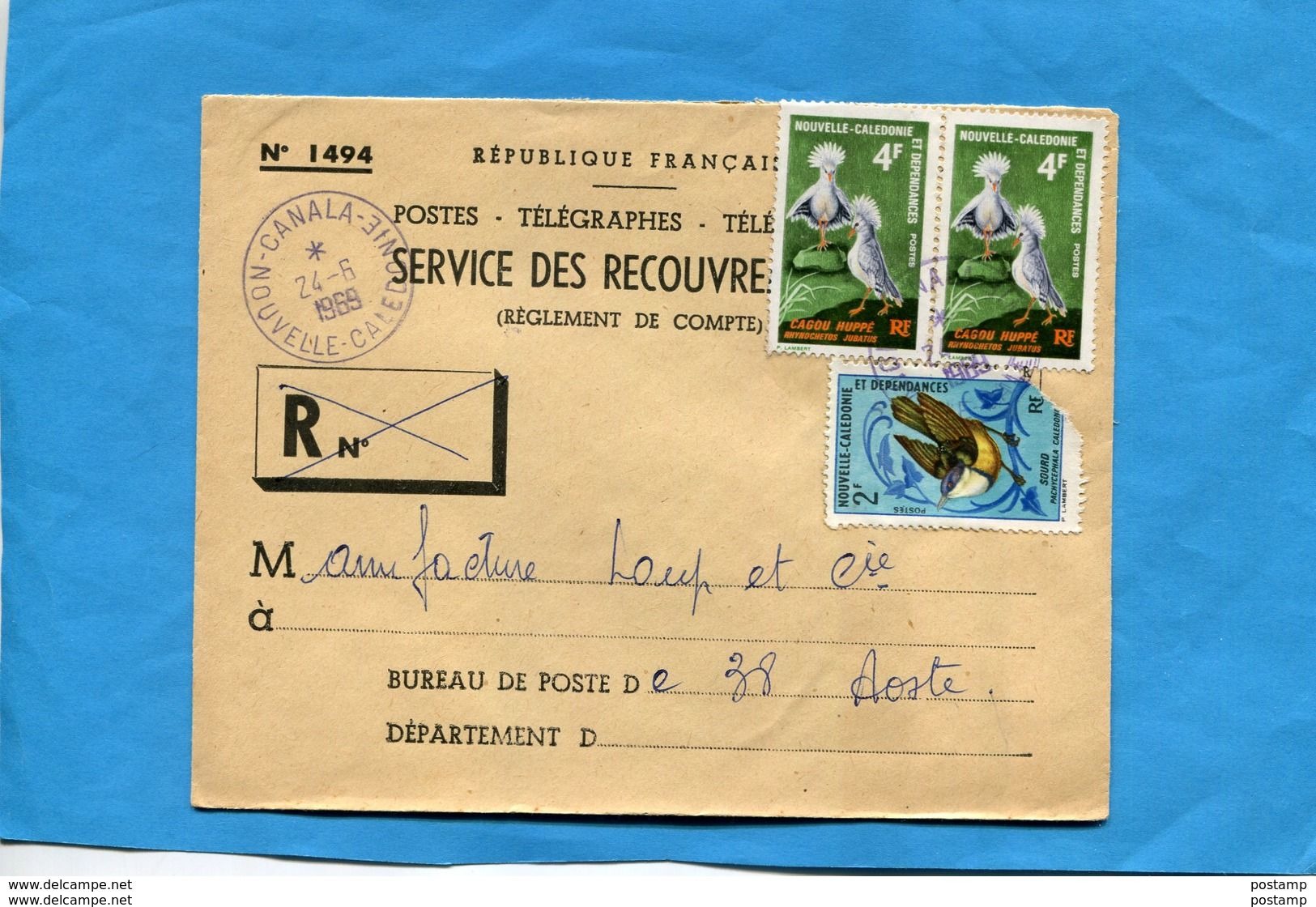 Marcophilie-lettre-Nlle Calédonie Pour Françe"service Recouvrements N°1494-"cad Canala1969-3stampN°348bird+346défectueux - Briefe U. Dokumente