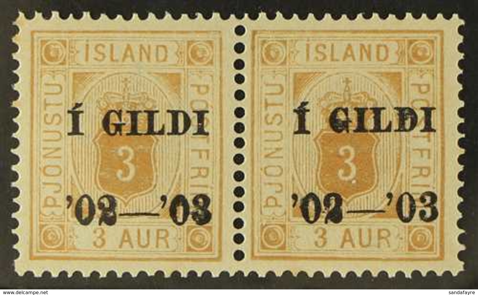 OFFICIAL  1902 3a Orange-ochre Perf 14x13½ "I GILDI" Overprint, SG O88, Facit Tj 15b, Michel 10a, Mint Horizontal PAIR ( - Other & Unclassified