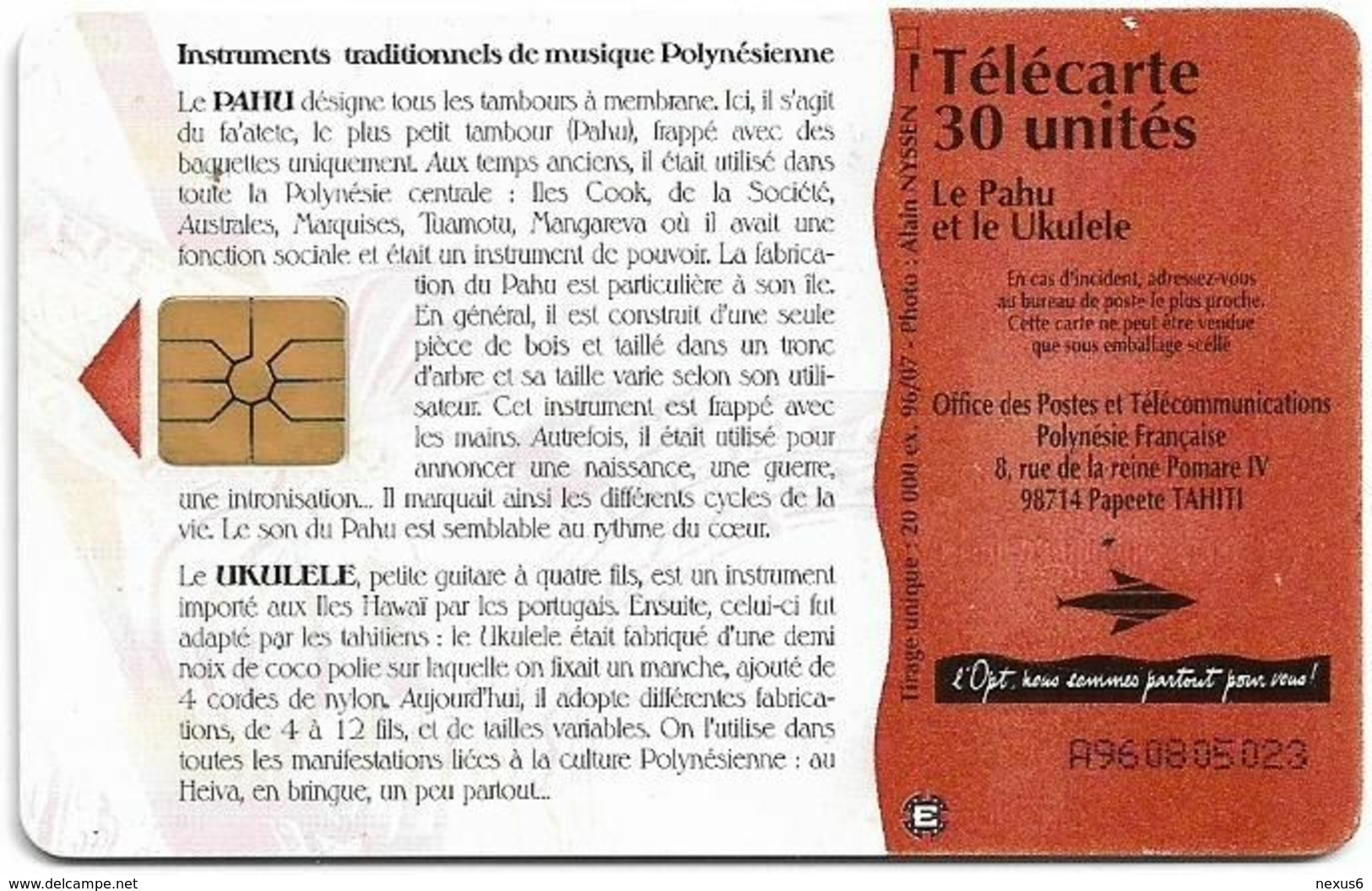 French Polynesia - OPT - Pahu & Ukulele, Gem1A Symmetr. Black, 07.1996, 30Units, 20.000ex, Used - Polynésie Française